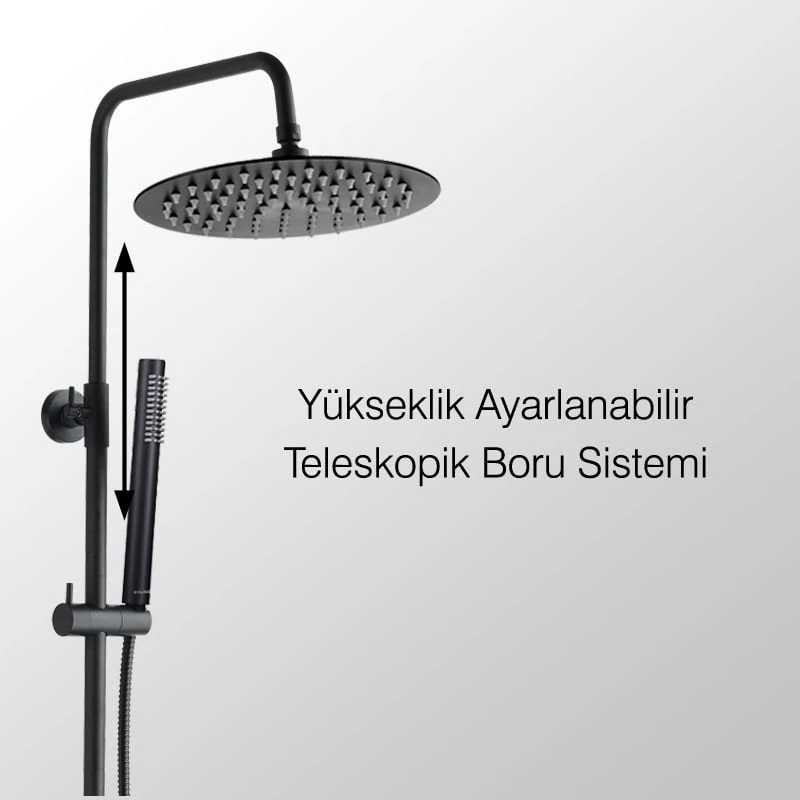 Teleskopik Kolonlu Tepe Duş Seti Robot Duş Yağmurlama Pirinç El Başlıklı Siyah KDS106-2B