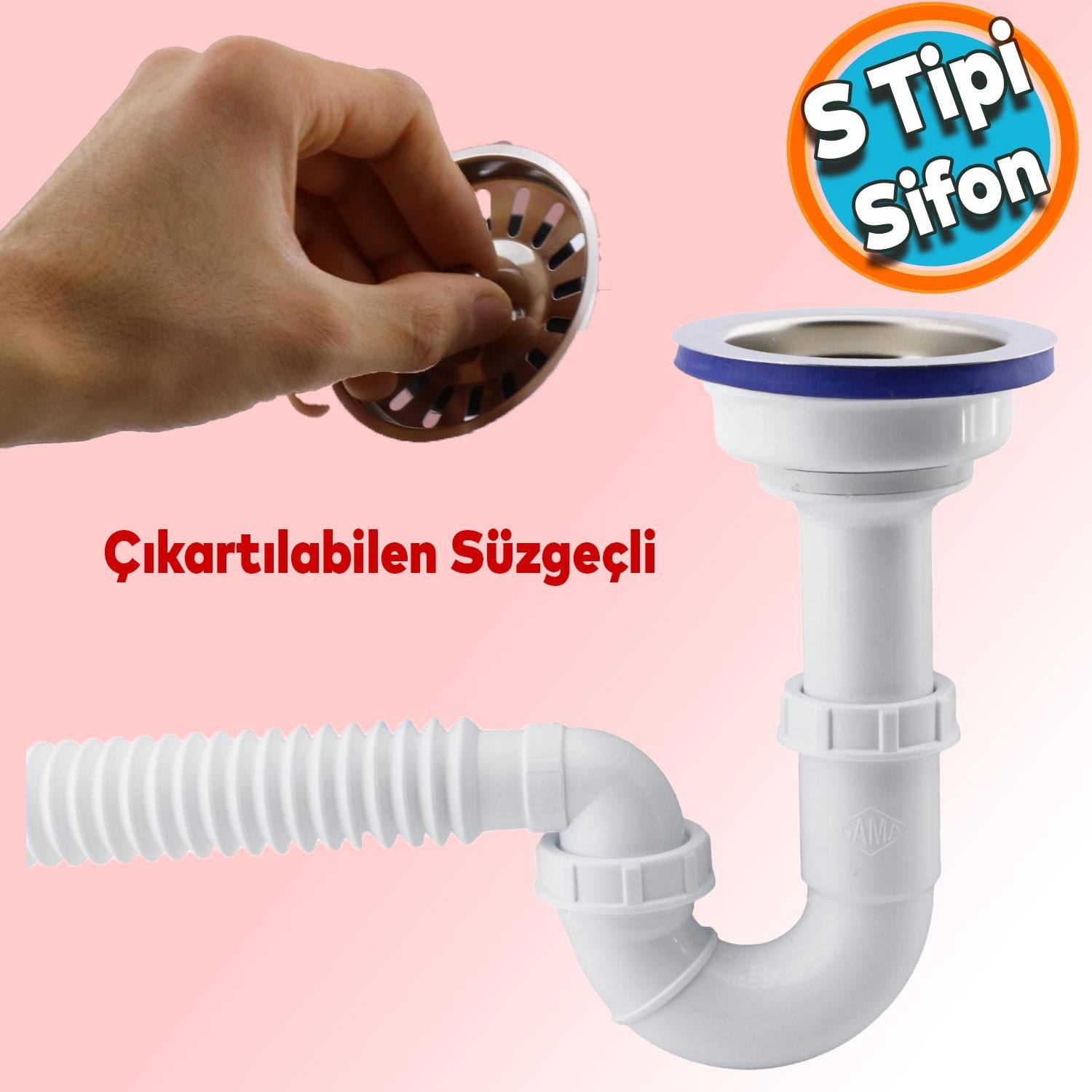 Süzgeçli Geniş Kafalı Körüklü Işyeri Yemekhane Evye Sifonu Gider Borusu S Tipi Akordiyon Plastik 15-35 cm