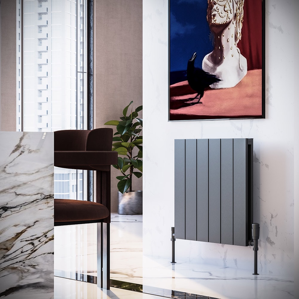 Kalsedon Double Çift Panel Alüminyum Dekoratif Dikey Radyatör 600x470 mm – 5 Dilim | 675 W Yüksek Isıl Güç (2761 BTU/h) | Dokulu Antrasit Gri