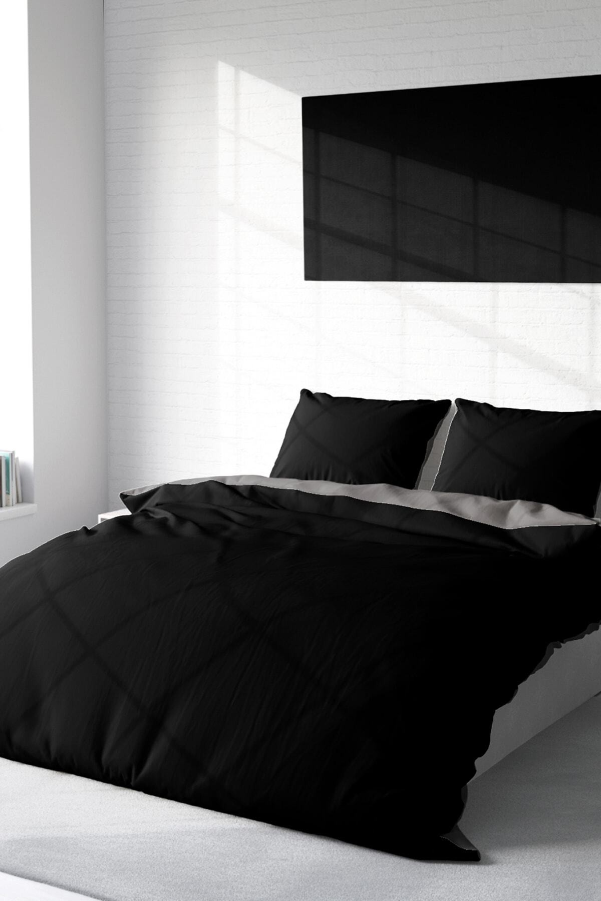 Kıng Sıze Deluxe Çift Taraflı Pamuk Ranforce Çift Kişilik Nevresim Takımı Siyah Gri 220x240cm