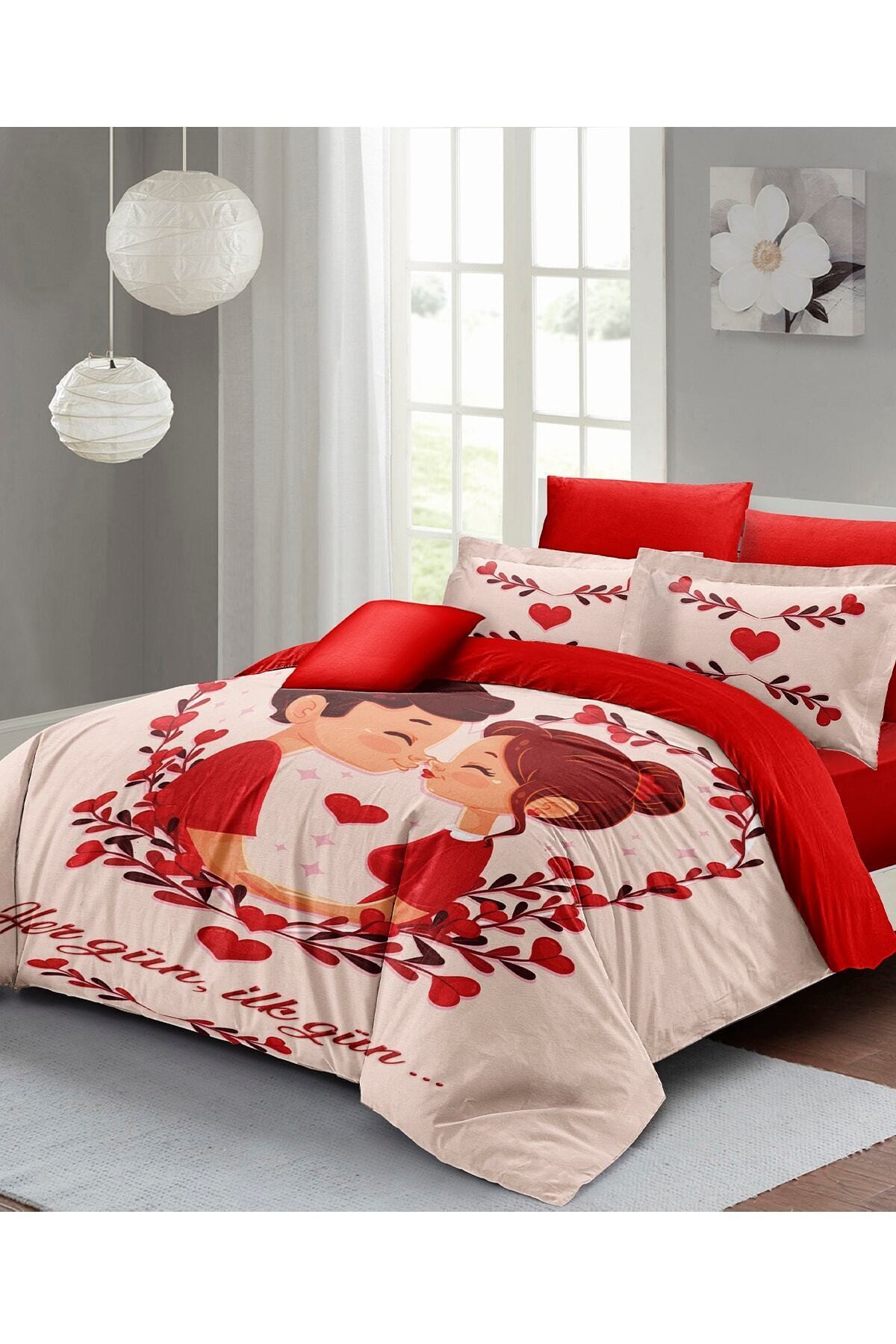Kıng Sıze Sevgililer Günü Çift Kişilik Nevresim Takımı%100 Pamuk Saten Ilk Aşk 220x240cm