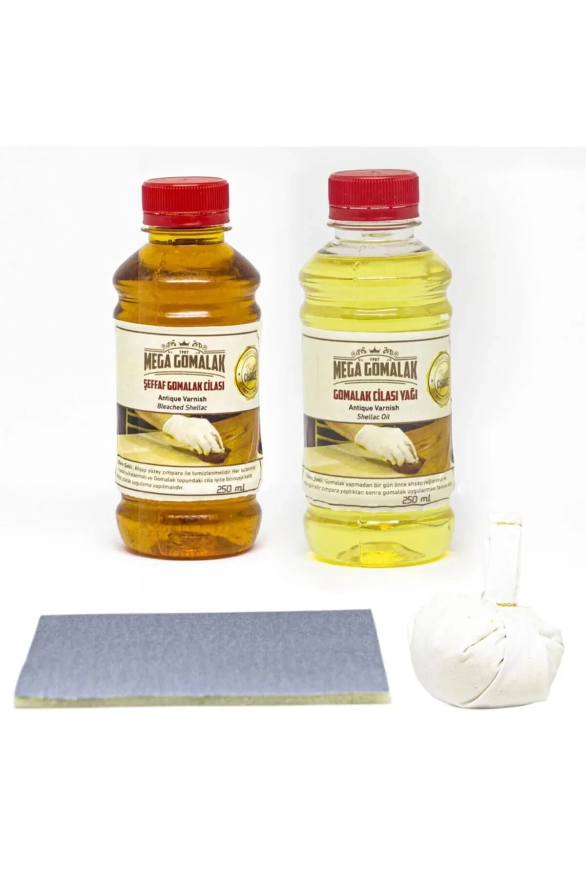 Doğal Ahşap Cila Seti Şeffaf Gomalak 250 ml + Cila Yağı 250 ml + Sürme Topu + Zımpara