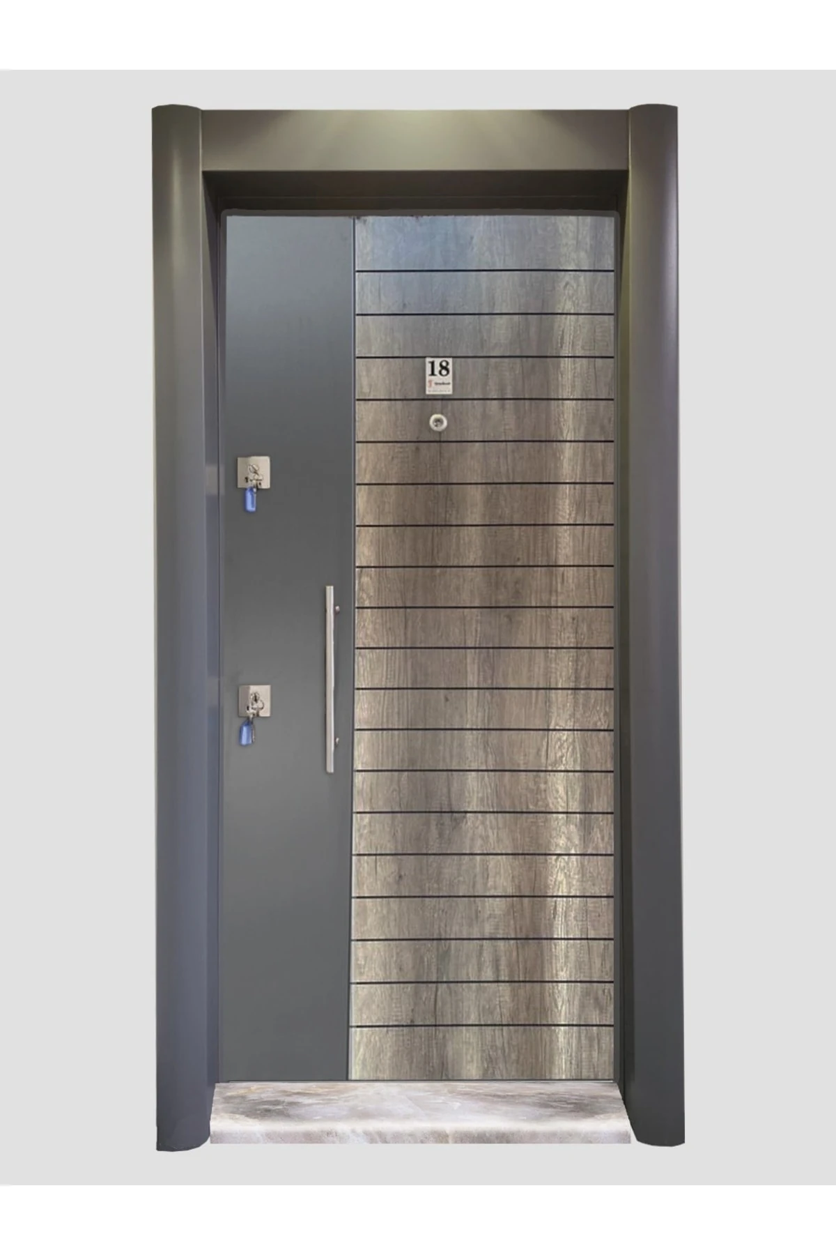 Çelik Kapı , Antrasit Kasalı Rustik Çizgili Düz Model Tırnaklı Sistem Çelik Kapı Sağ Açılım