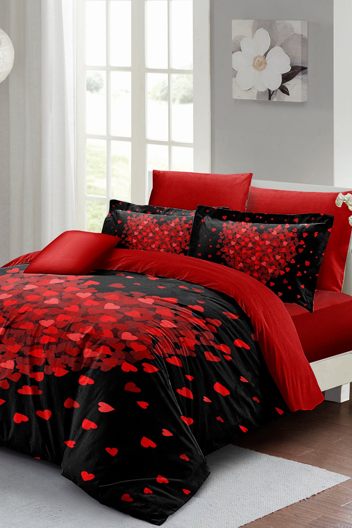 Kalpli Nevresim Çift Kişilik Çeyizlik Özel Tasarım Pamuk Saten Heart Black