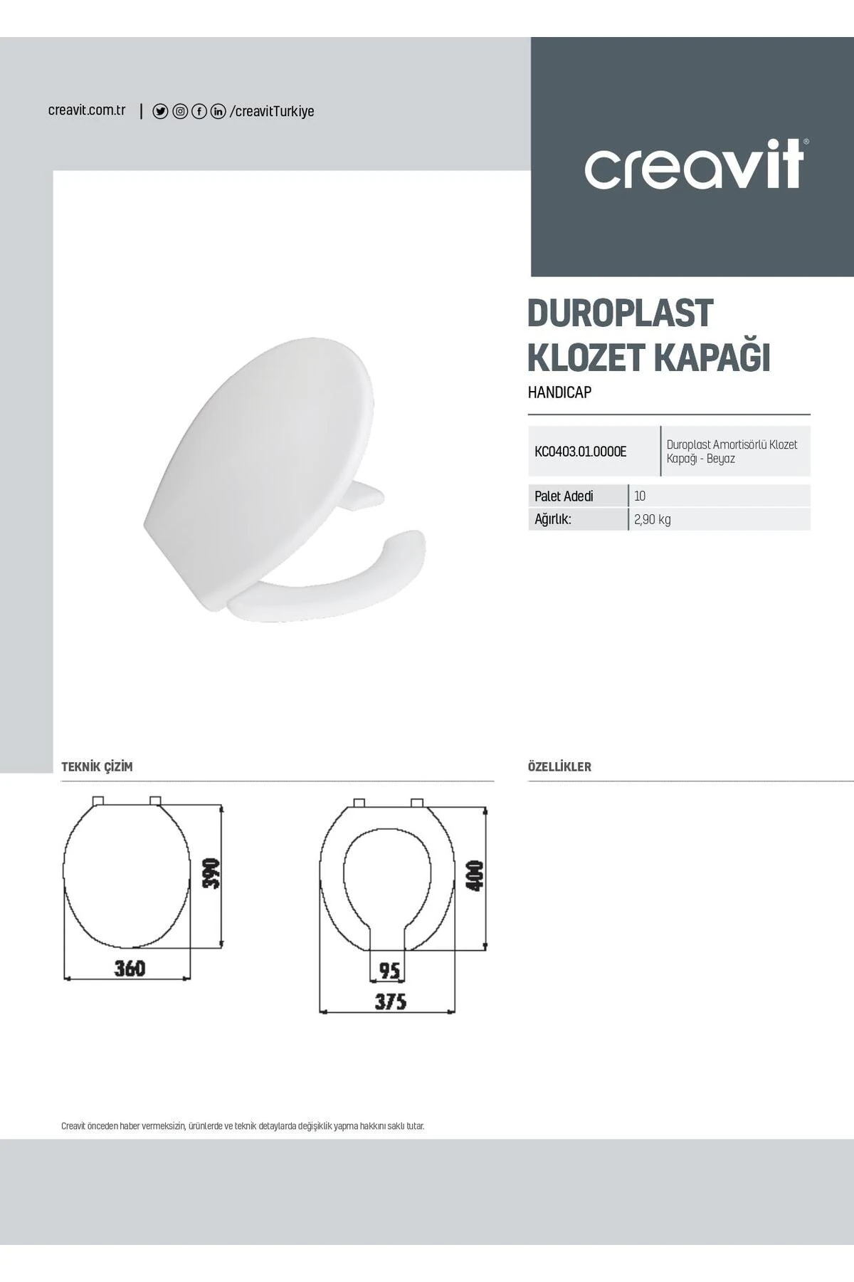 Bedensel Engelli Asma Klozet 1.Kalite (BD320.02) + Engelli Yavaş Kapanan Kapak 2'li Set