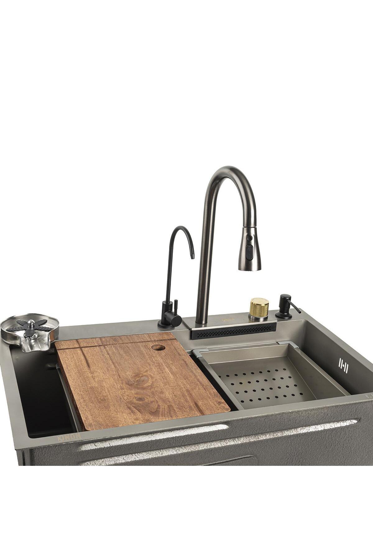 ONON PASLANMAZ ÇELİK AKILLI EVYE ANTRASİT GRİ ŞELALE YENİ NESİL SUS304 BIÇAKLIK  BARDAK YIKAMA