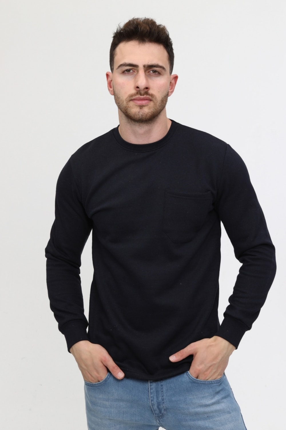 -Bisiklet Yaka Lacivert 20/10 Iki Iplik Kışlık Iş Sweatshirt