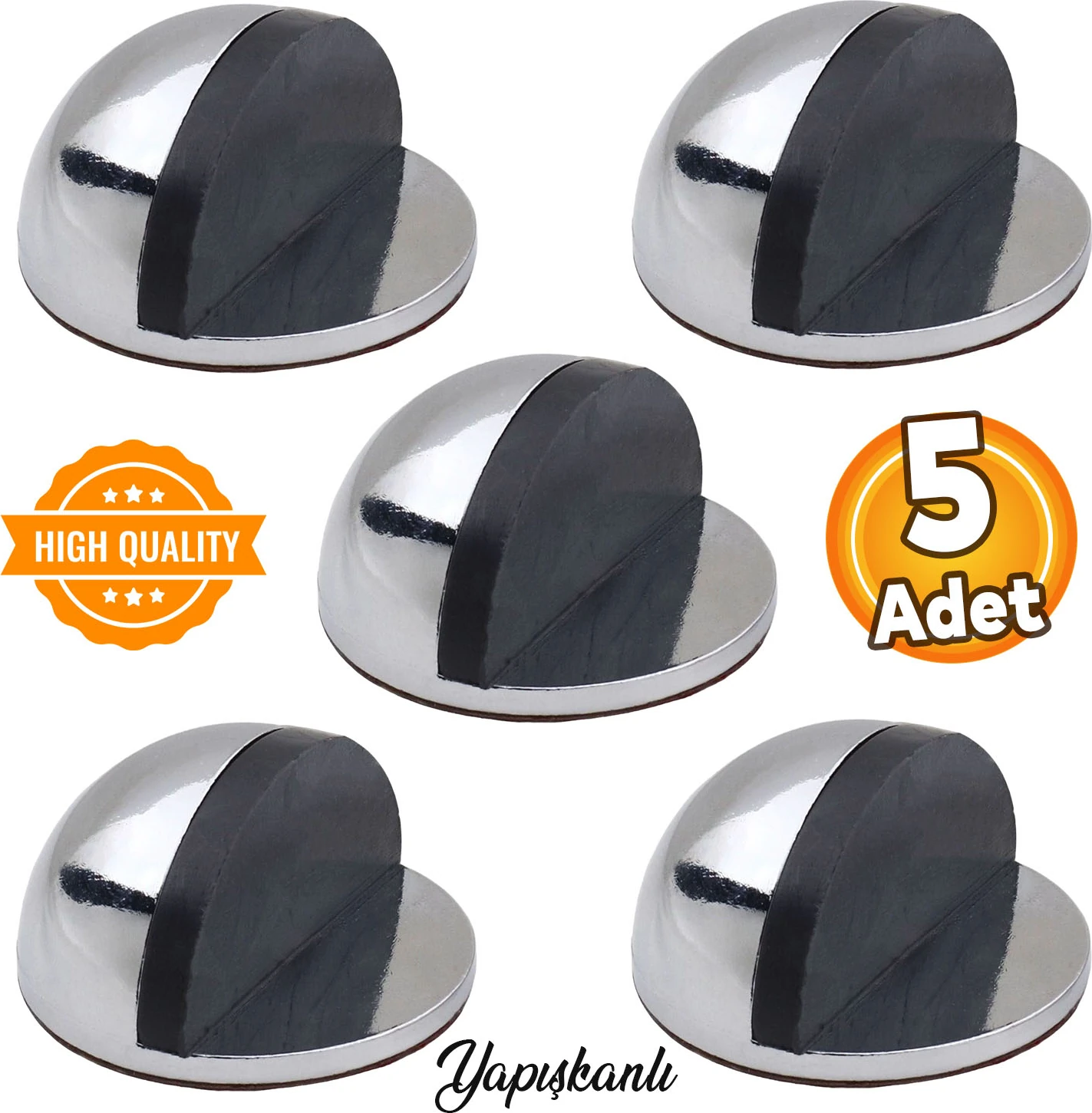 Yarımay Yapışkanlı Kapı Kolu Stoperi Tamponu Metal Durdurucu Tutucu Tutacağı Parlak Krom 5 Adet