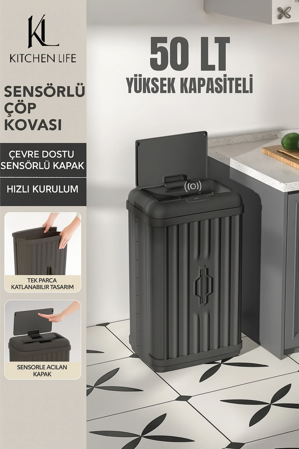 50 Lt Mega boy Hareket Sensörlü Sessiz Açma Kapama Çok Amaçlı Sensörlü Çöp Kutusu