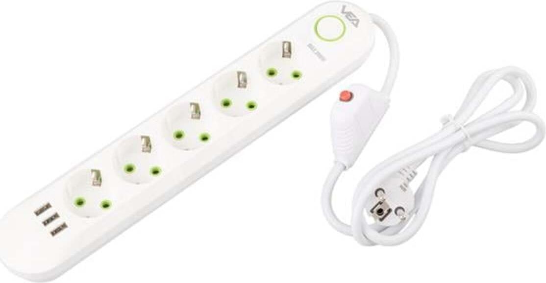 M3LFS-  VA-21562 5'li 1.5 mt Kablolu 3 Usb'li Beyaz Akım Korumalı Priz
