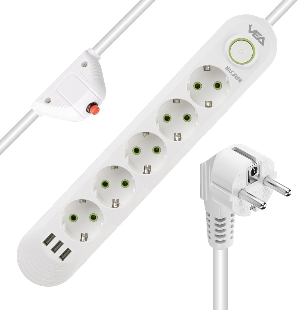 Korumalı Priz, 5'li Çoklu Priz, 3 Usb, 1.5 mt Kablo, Anahtarlı Grup Priz, USB Li Priz, Isıya Dayanıklı, 3000 Watt Gücünde