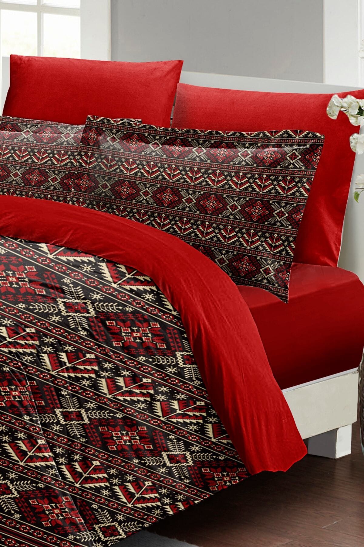 Kıng Sıze Çift Kişilik Nevresim Takımı %100 Pamuk Saten Red Old Design 220x240cm
