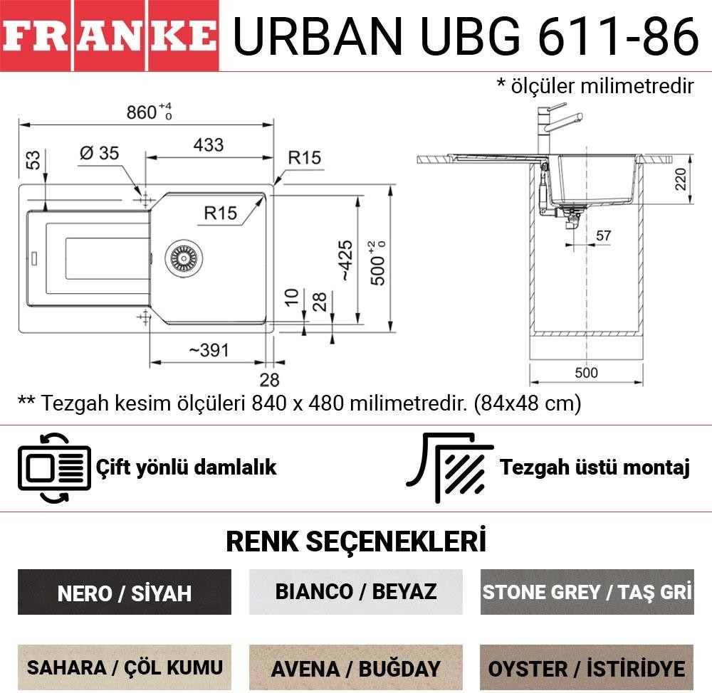 Urban Ubg 611-86 Granit Evye, Avena, Tezgah Üstü, Tek Hazne, Damlalıklı, 86X50 cm