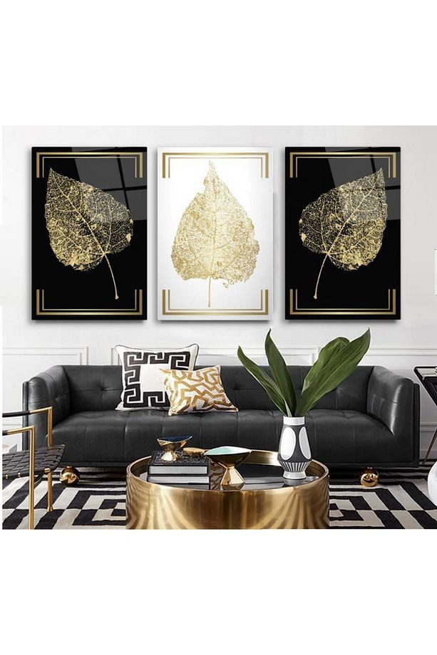 3 LÜ SİYAH VE BEYAZ GOLD YAPRAK HARİKA UYUM KIRILMAZ CAM TABLO ULTRA CANLI RENKLİ MODERN EV HEDİYESİ