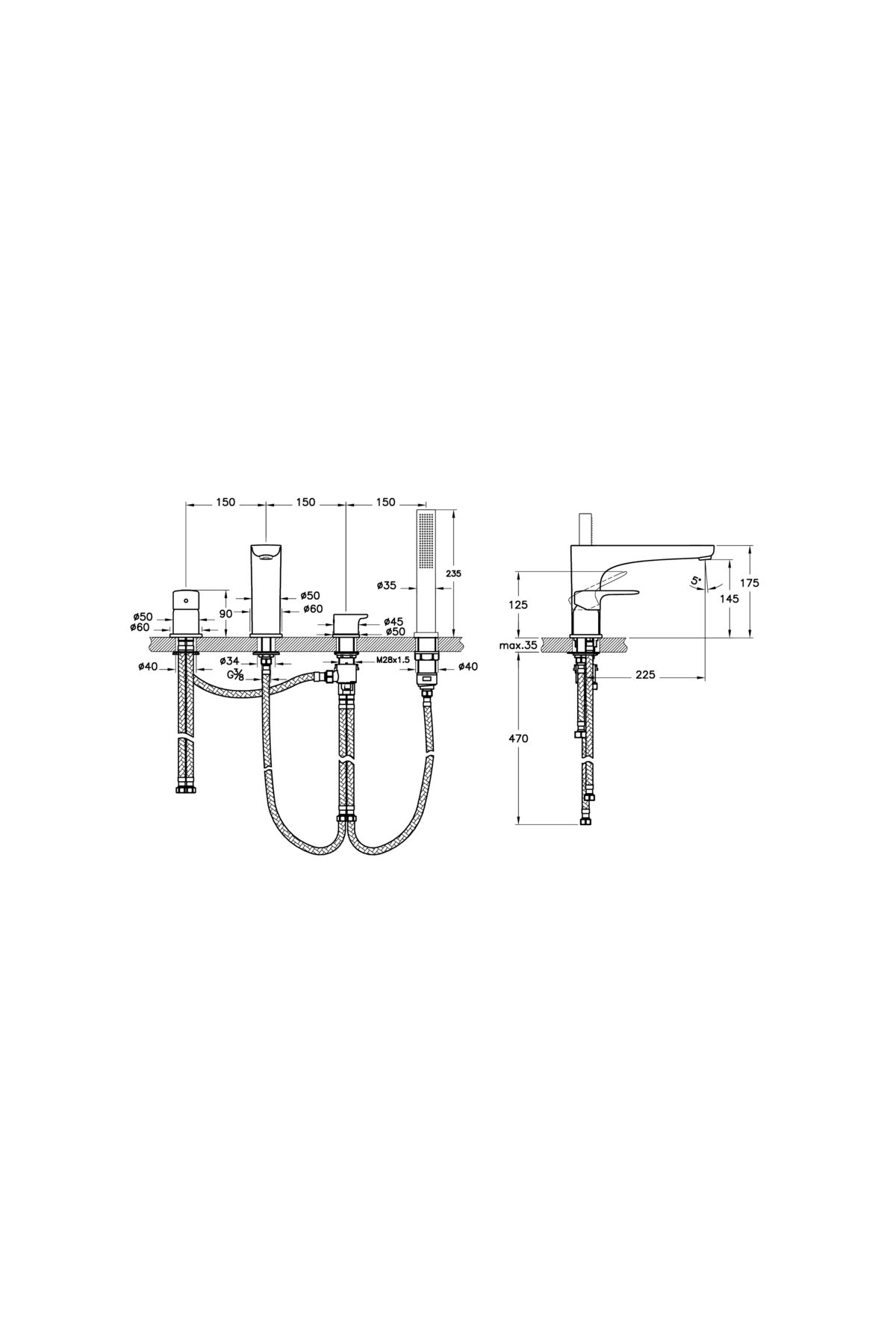 Root Round A4274374 Küvet Bataryası, 4 Delikli, Soft Altın