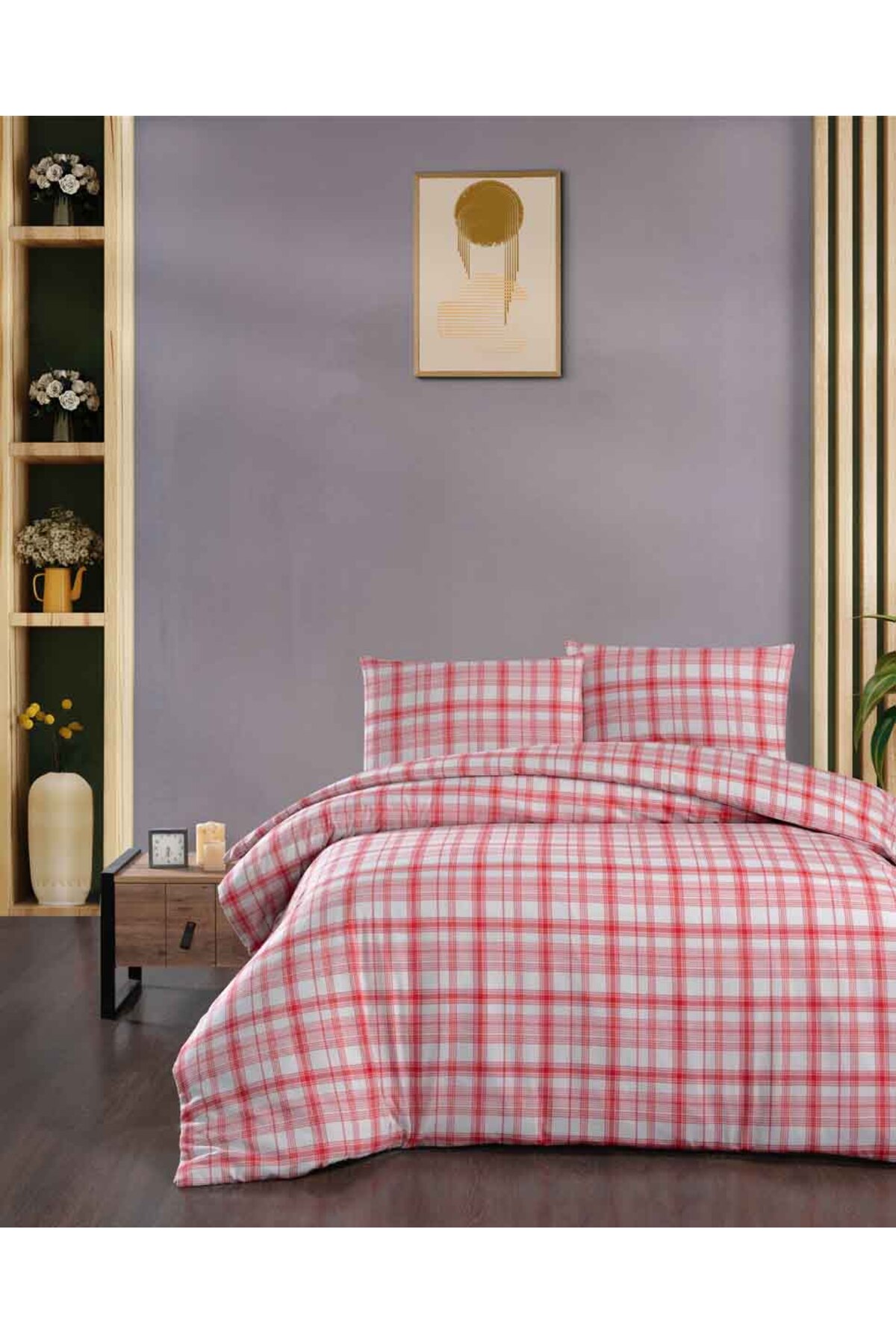 Cotton Collection Flanel R Tek Kişilik Nevresim Takımı Ekose Kırmızı