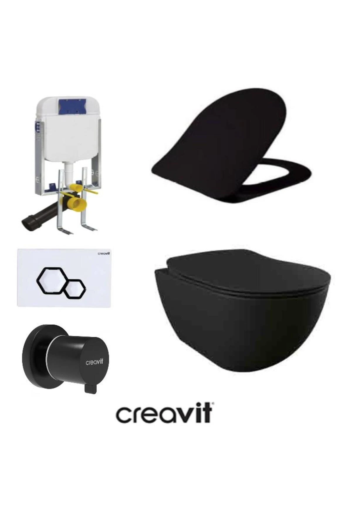 GR5001- FE322 5 Parça Siyah Mat Asma Klozet Gömme Rezervuar Seti Kanalsız