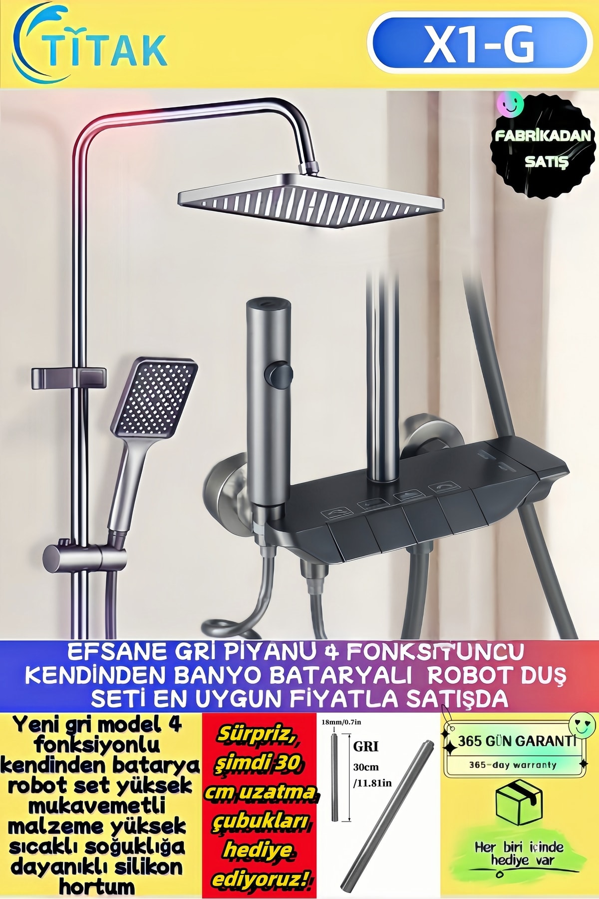 Piano 5 Fonksiyonlu Kendinden Banyo Bataryalı Dijital Akıllı Robot Duş Seti Tepe Duş Seti