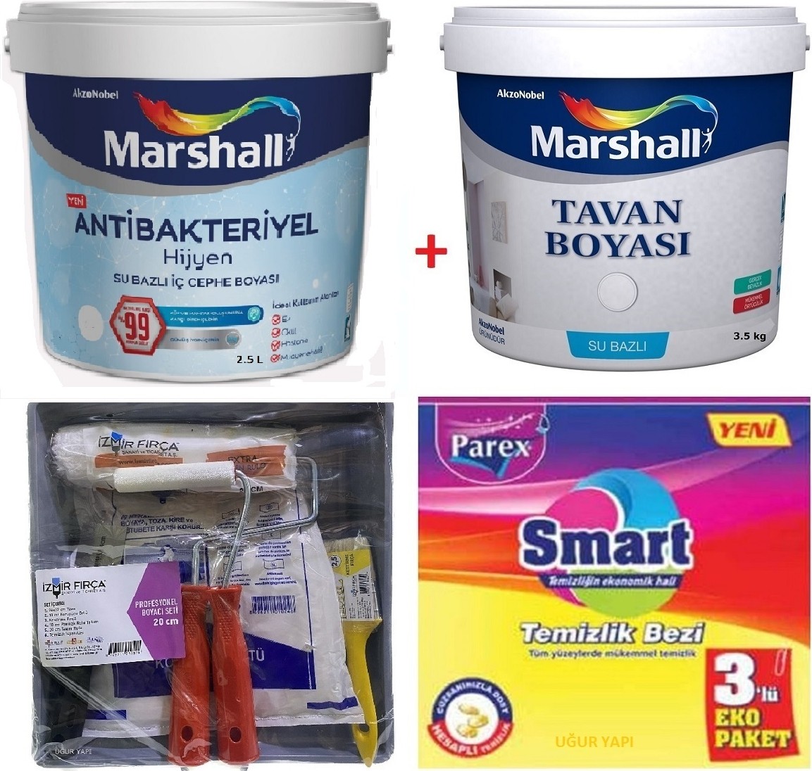 Antibakteriyel Hijyen Silinebilir Duvar Boyası 2.5 Lt +  Tavan Boyası 3.5 kg + Izmir Fırça Duvar Boyama Seti