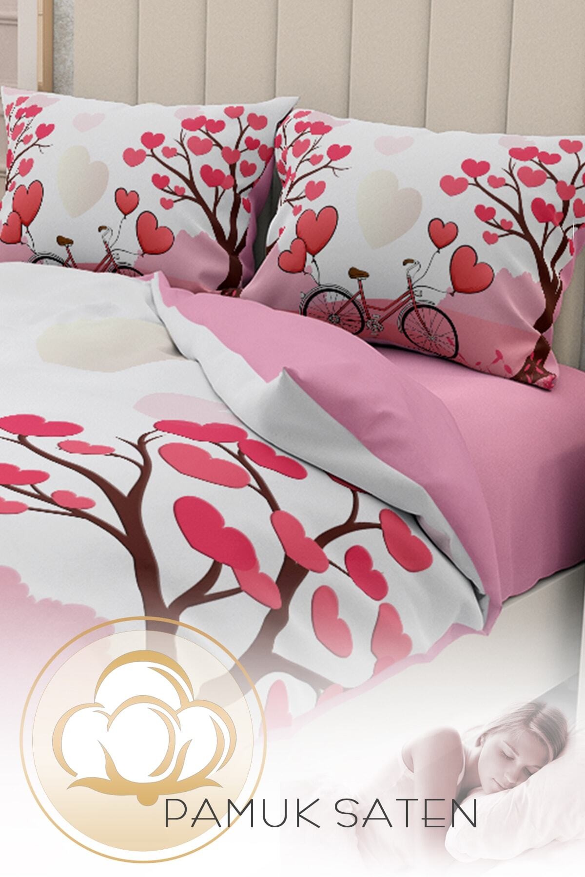Kıng Sıze Sevgililer Günü Çift Kişilik Nevresim Takımı%100 Pamuk Saten Dilek Ağacı 220x240cm