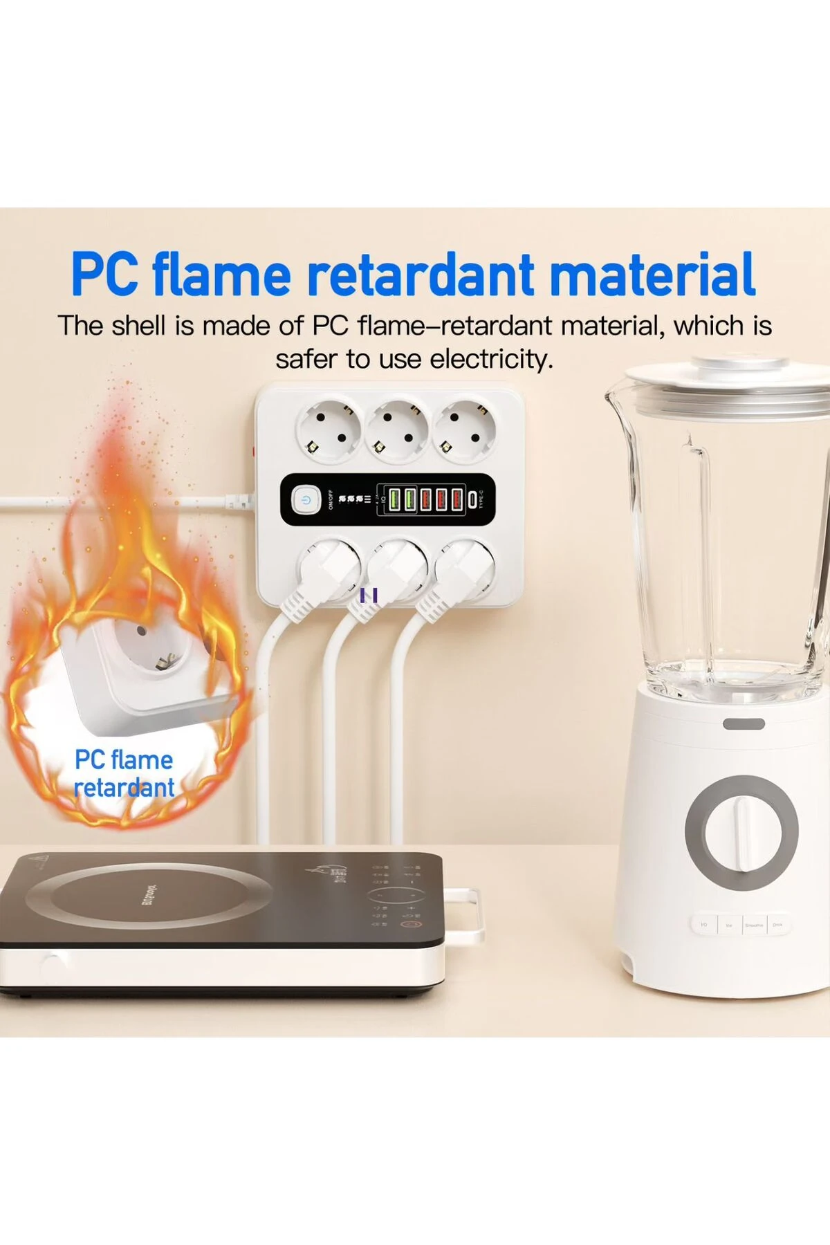 Termal Akım Korumalı 3000W 6’lı Priz – 2m Kablo – 5 USB + 1 Type-C PD Hızlı Şarj Beyaz