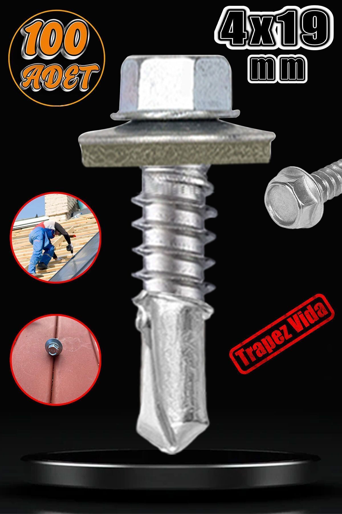 OZKUVVET Trapez Çatı Vidası 4.8x19 mm Paket 100 ADET Matkap Uçlu Sac Akıllı Vida Çatı Panel Metal Ağaç Vidası