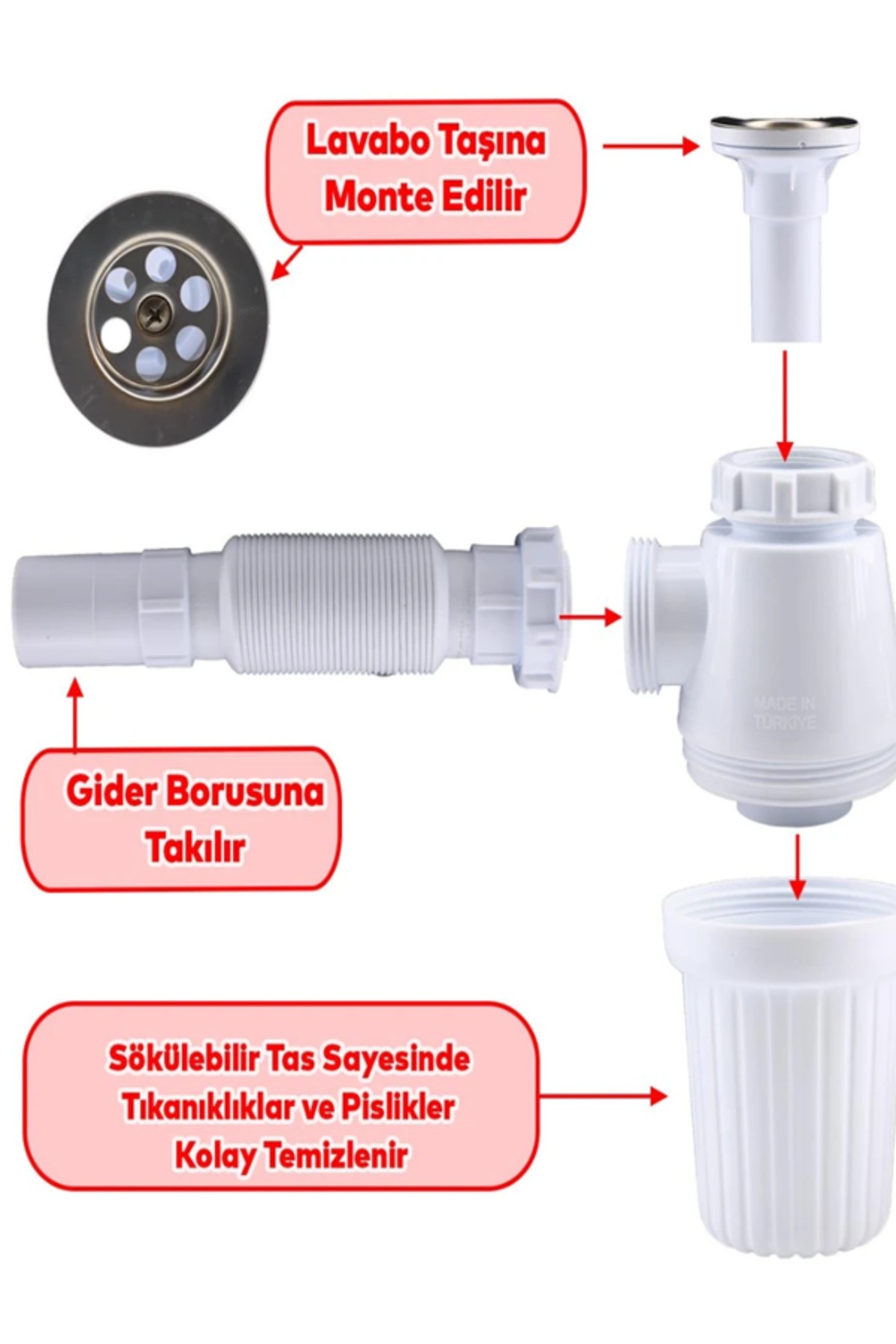 Lavabo Sifonu Körüklü Sökülebilir Tas'lı Mutfak Banyo Evye Pis Su Gideri Borusu Plastik 38 Cm.