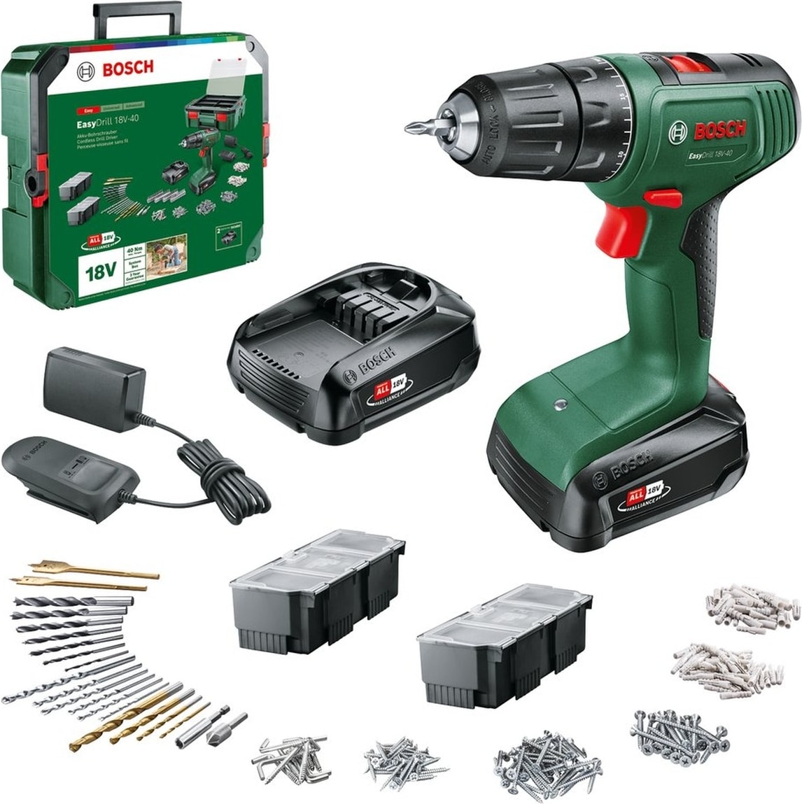 BOSCH Easydrill 18V-40 1.5AH Çift Akü Delme/vidalama + 241 Parça Aksesuar Seti