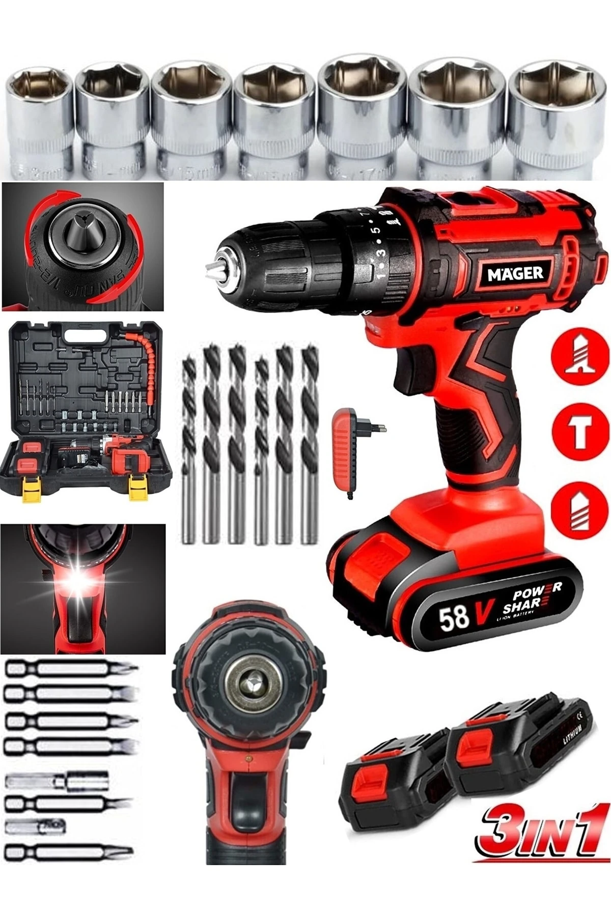 Metal Şanzıman 58 Watt 8 Ah Çift Akülü Vidalama Darbeli Şarjlı Matkap Üstün Alman Teknolojisi