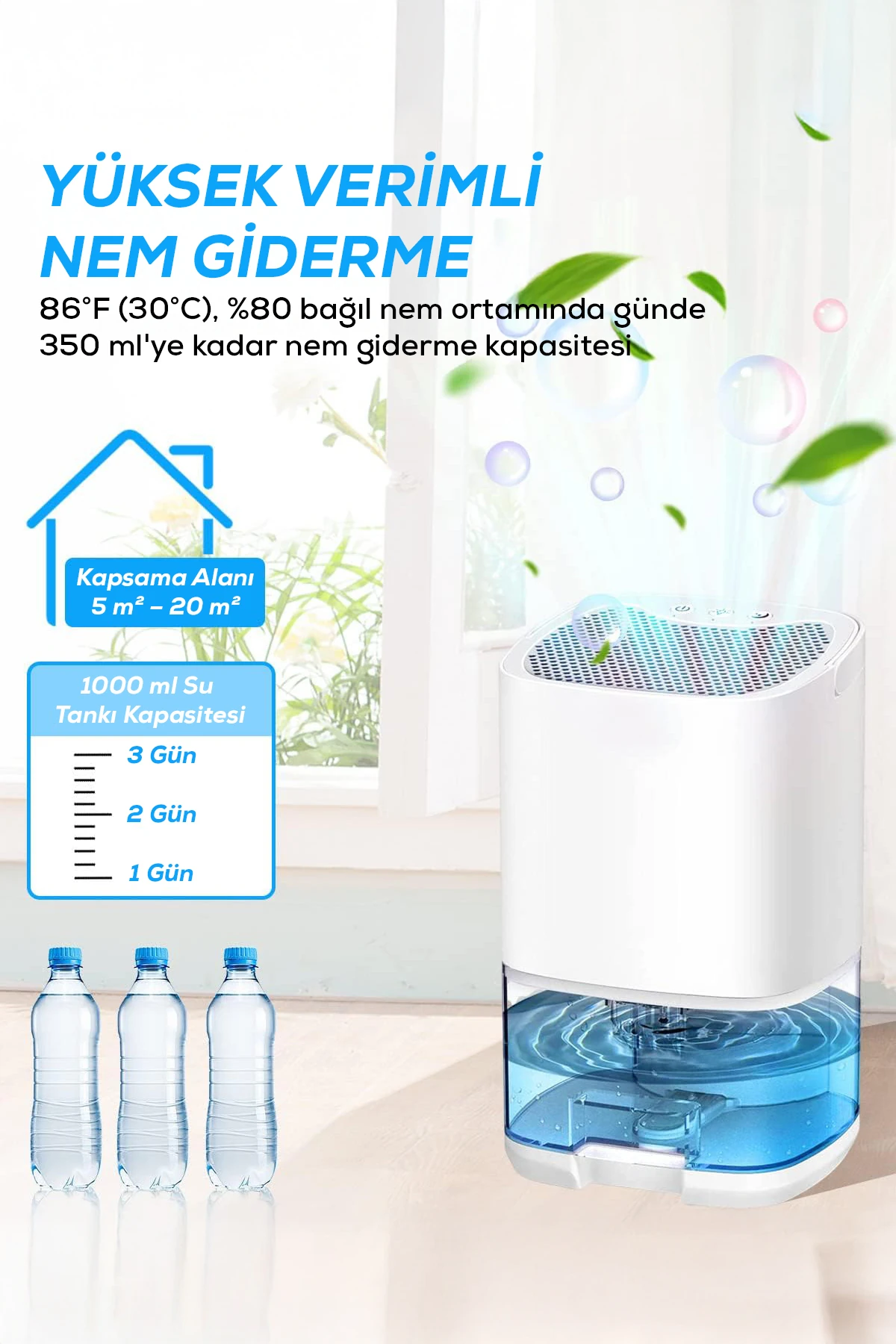 Nem Alıcı Cihaz 1000 ml Su Hazneli Sessiz Rutubet Giderici Nem Alma Makinesi Gece Lambalı