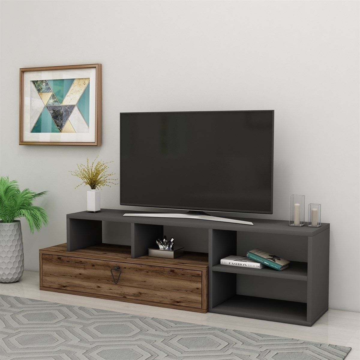 Duru Raflı Kapaklı Modern Tv Sehpası, Ceviz Antrasit - Duru