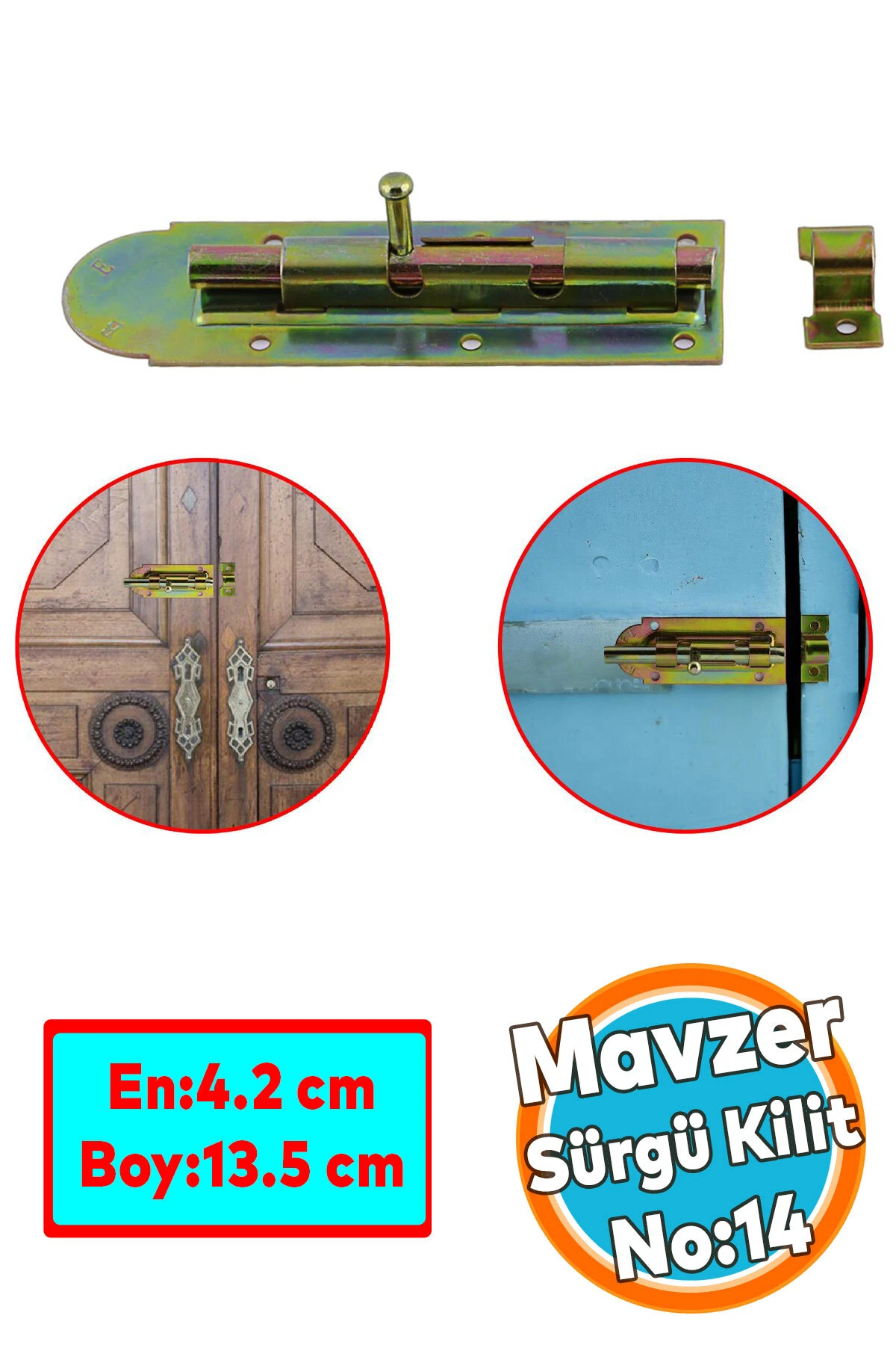 Mavzer Sürgü  Kilit No:14 Kadmiyum 42x135 mm Sürgülü Kapı Pencere Emniyet Kilidi Sürgüsü