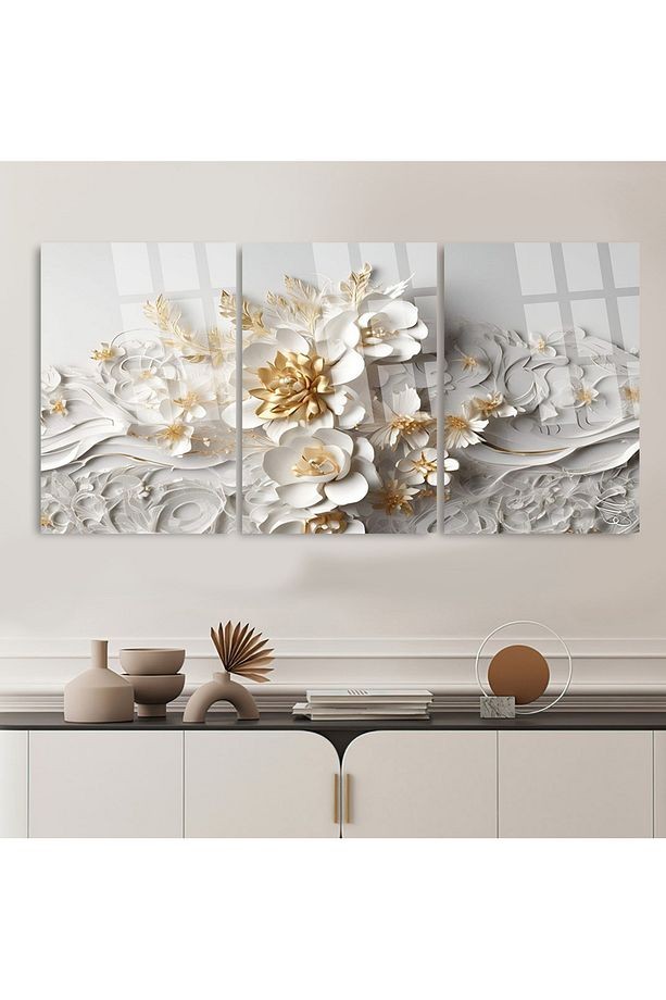 3 LÜ BEYAZ ÇİÇEK ALTIN LOTUS DETAYLI TASARIM TABLO MODERN CAM TABLO KIRILMAZ LÜKS EV HEDİYESİ TABLO