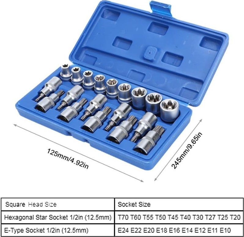 1/2 Torx ve E Lokma Takımı 19 Parça (T20-T25-T27-T30-T40-T45-T50-T55-T60-T70)