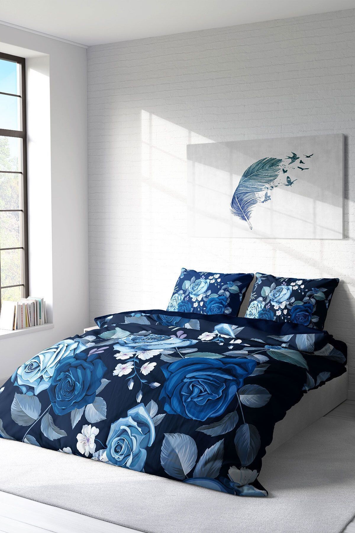 Lastikli Çarşaflı %100 Pamuk Saten Çift Kişilik Nevresim Takımı Blue Flower