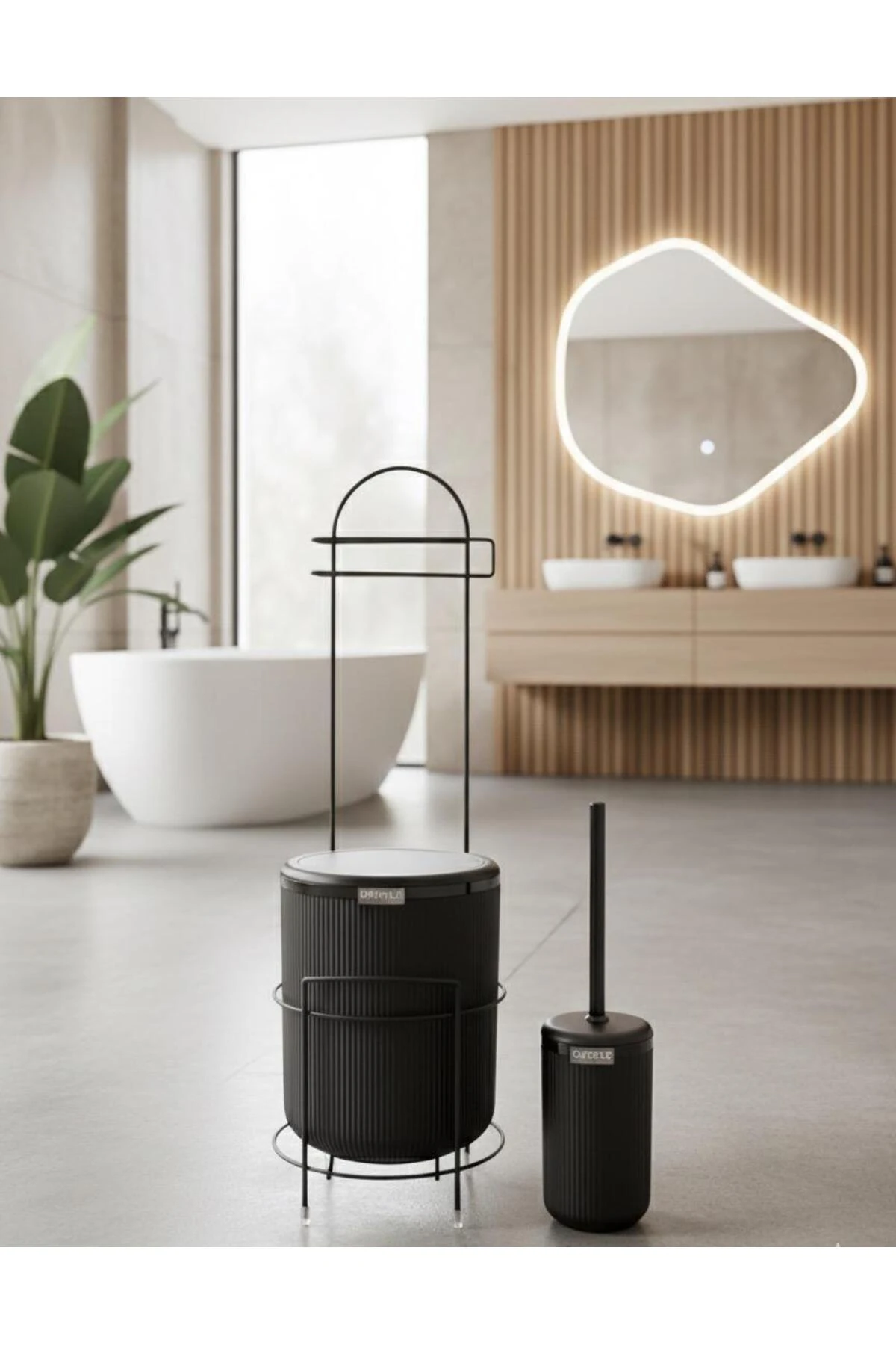 Siyah Stantlı Wc Kağıtlık LineaYuvarlak Çöp Kovası ve WC Fırça Seti