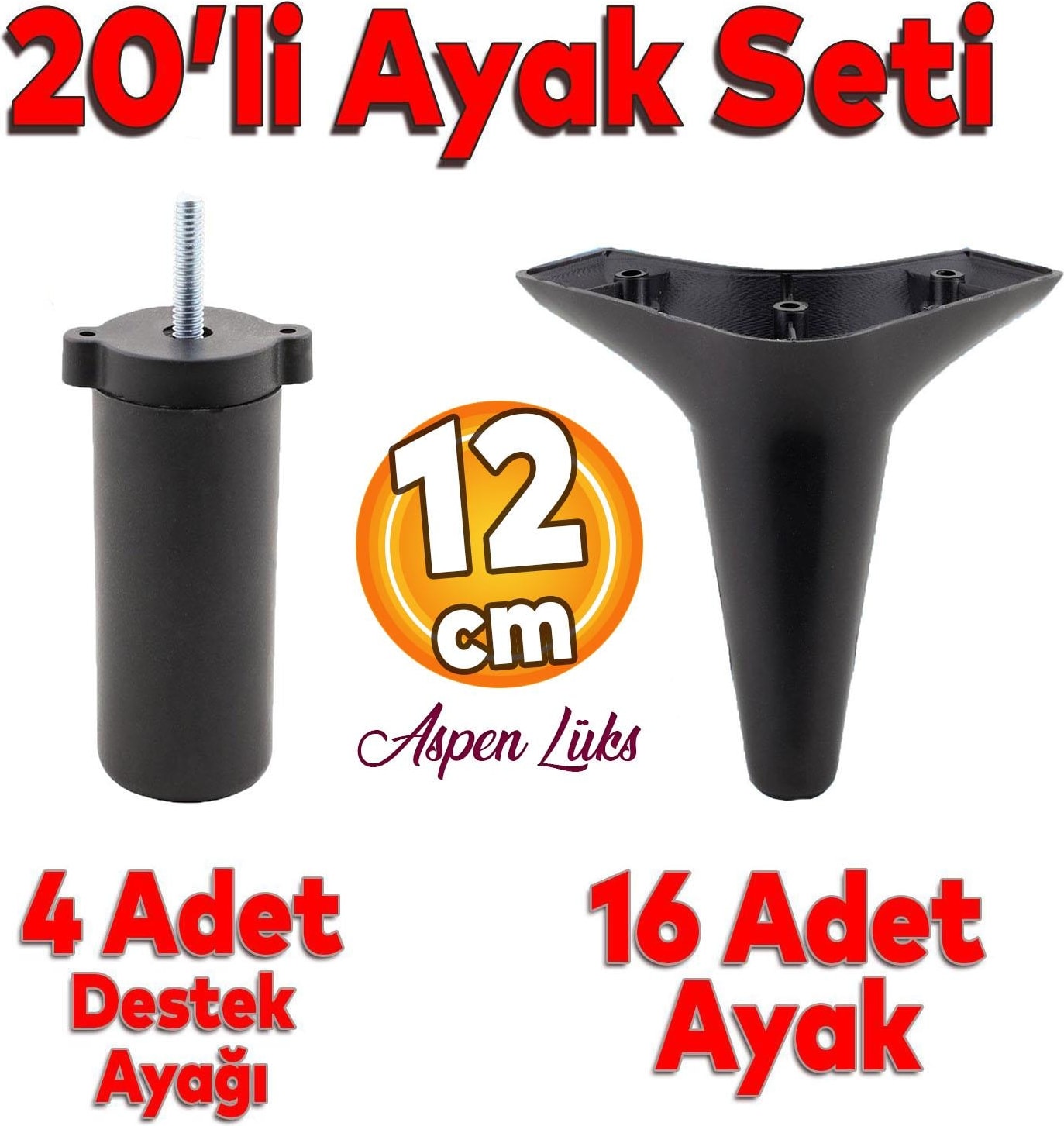 20'li Set Aspen Lüks Mobilya Koltuk Kanepe Tv Ünitesi Yükseltme Destek Ayağı 12 cm Siyah Ayakları