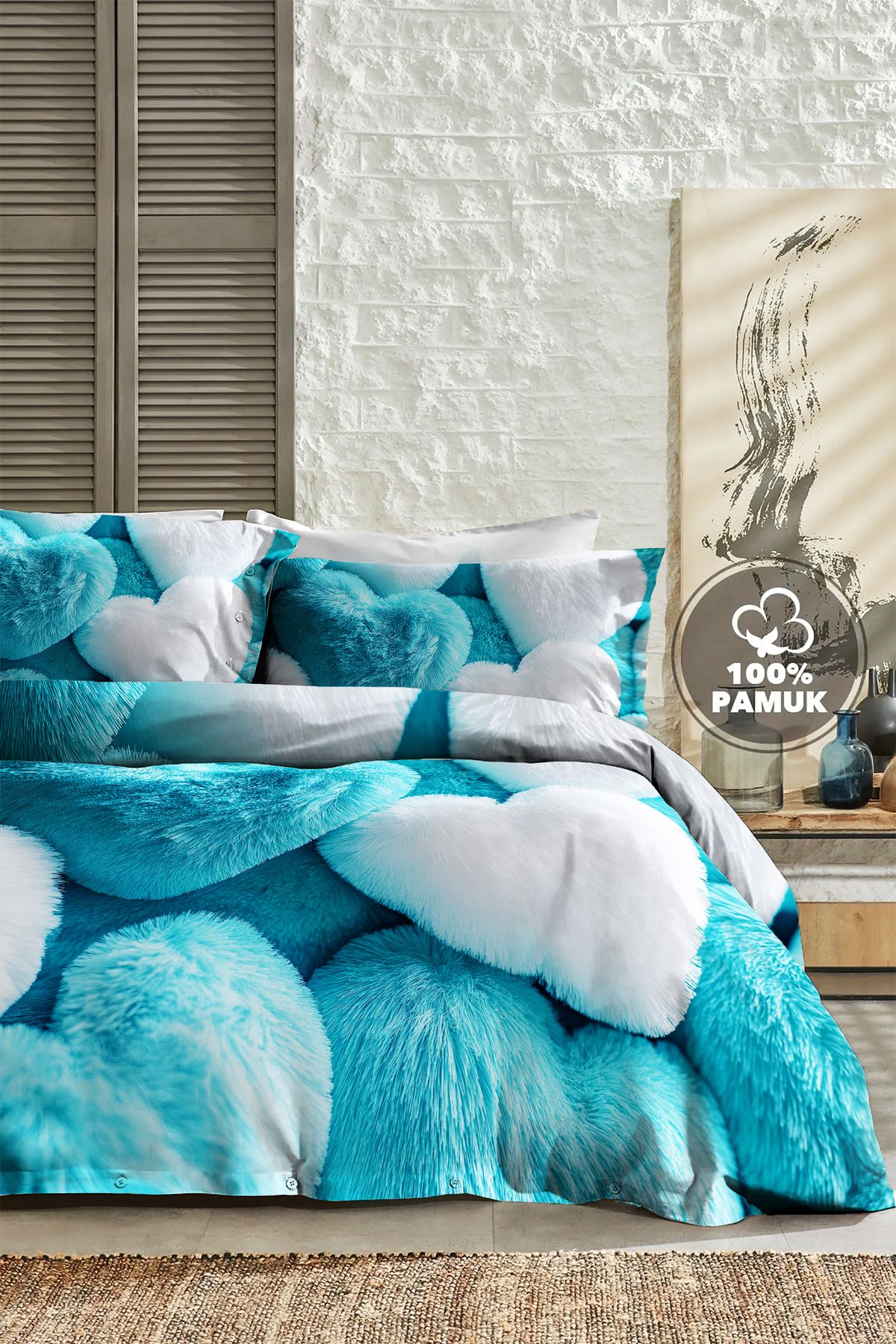 %100 Pamuk Ranforce Çeyizlik Luxury 5d Dijital Çift Kişilik Nevresim Takımı Hearts Of Fur