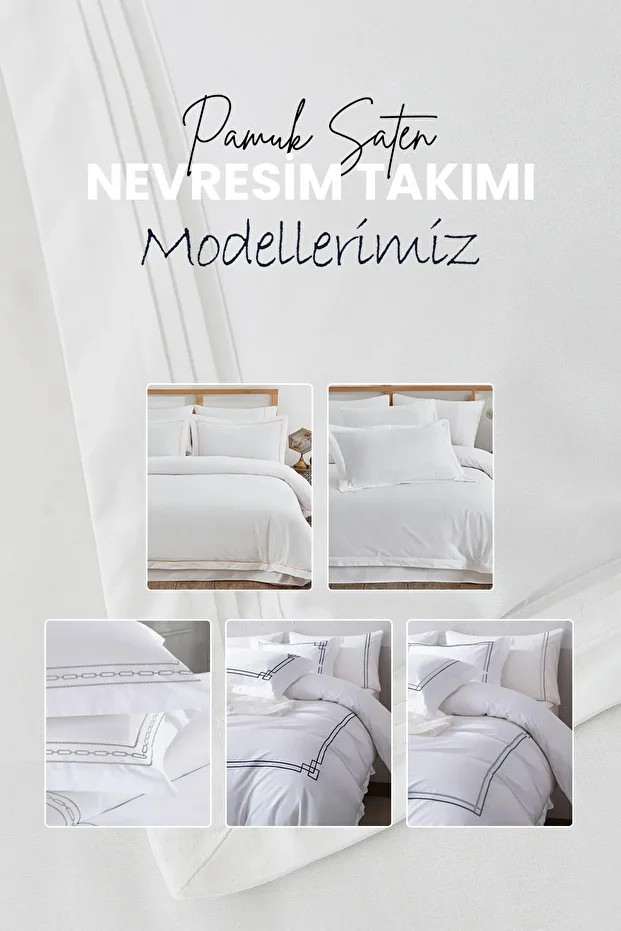 300 Tc King %100 Pamuk Saten Nakışlı Nevresim Seti Battal Çift Kişilik 6 Parça Krem Kırık Beyaz Myst