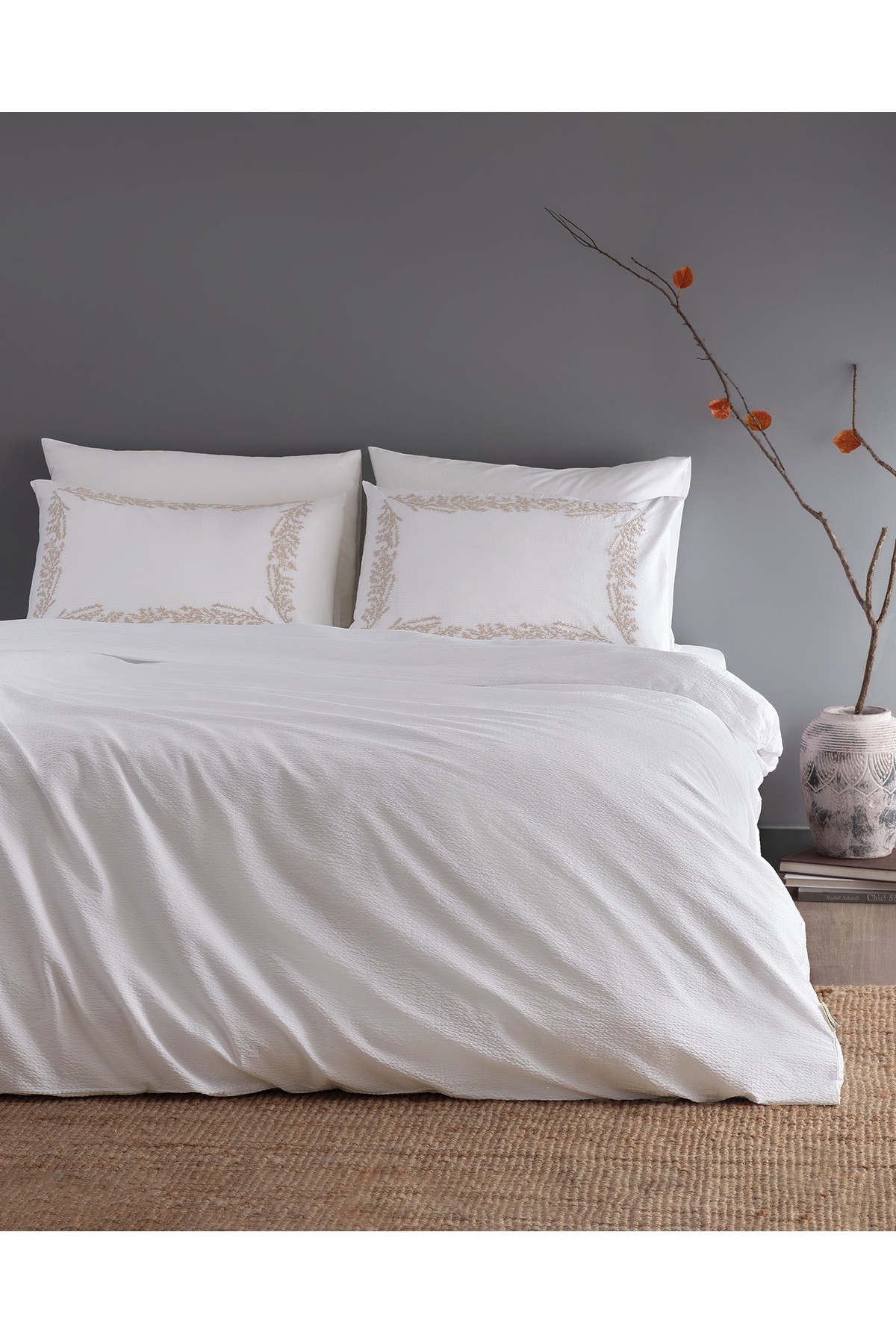 Linda King Size %100 Pamuk Nakışlı Yıkamalı Gofre Nevresim Takımı - Beyaz/Bej