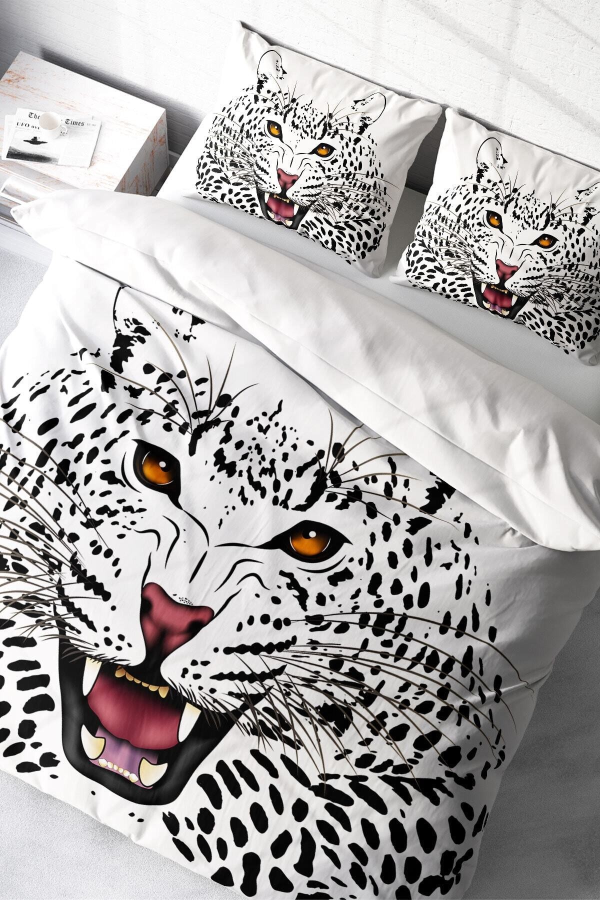 Kıng Sıze Beyaz Leopard Naturel Çift Kişilik Nevresim Takımı 220x240cm