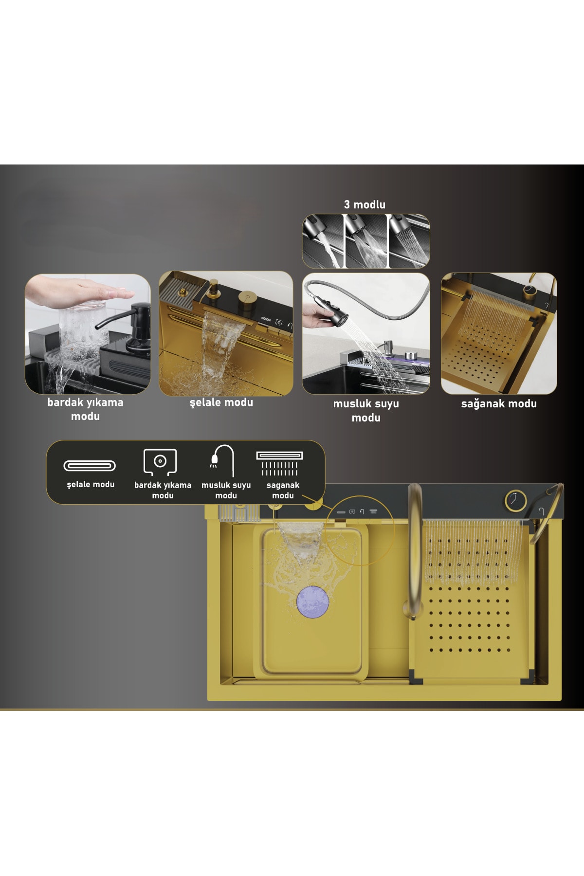 Tam Otomatik 9 Fonksiyonlu Şelale Evye Gold