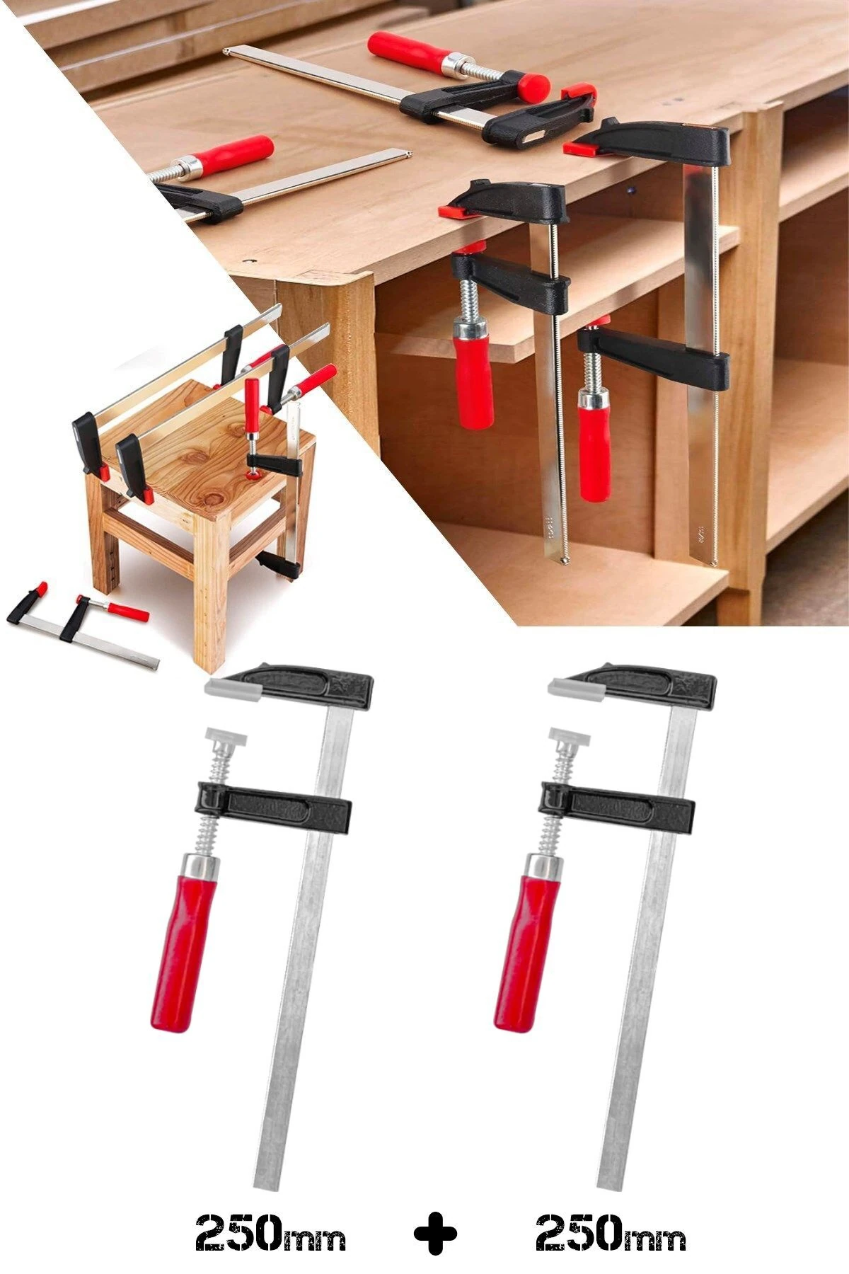 2 Adet Çelik F Tipi Mobilyacı Işkencesi 50x250mm Ile 50x250 mm Marangoz F Kelepçesi