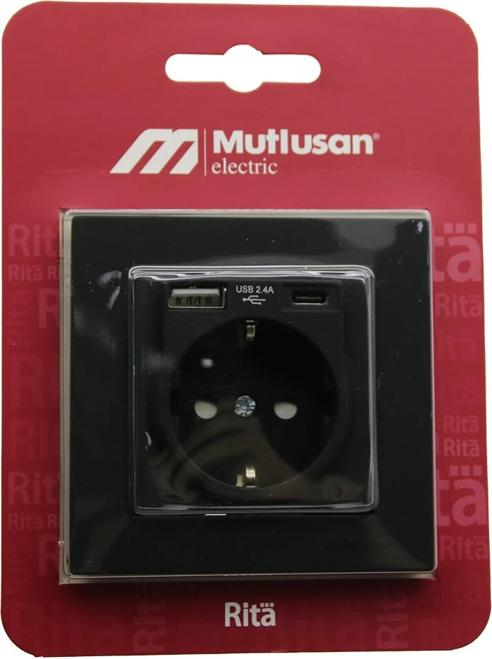 Mutlusan RİTA-2220 629 0284 Blisterli - Kartlı Siyah - USB + Type-C &amp;apos; Li Topraklı Priz Çerçeveli (5224)