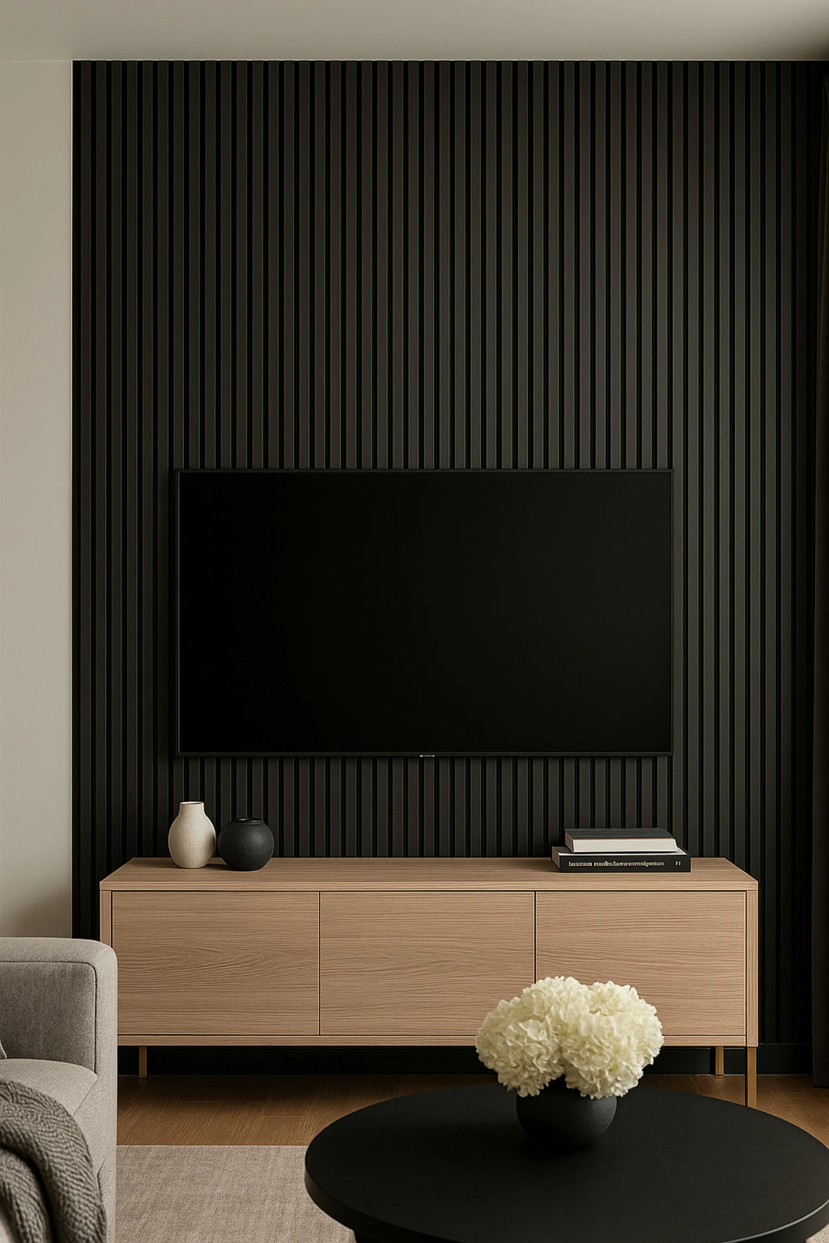 Antrasit Renk MDF Tabanlı Duvar Paneli 24x240 cm – Akustik Çıtalı Panel | 8 mm Kalınlık