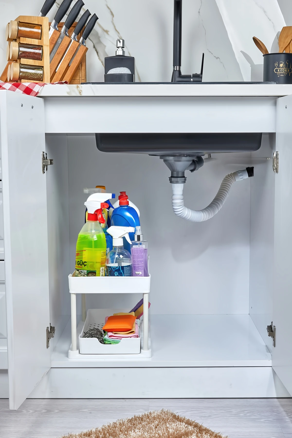 Beyaz 2 Katlı Sürgülü Dolapiçi Mutfak Banyo Dolap Tezgah Altı Evye Altı