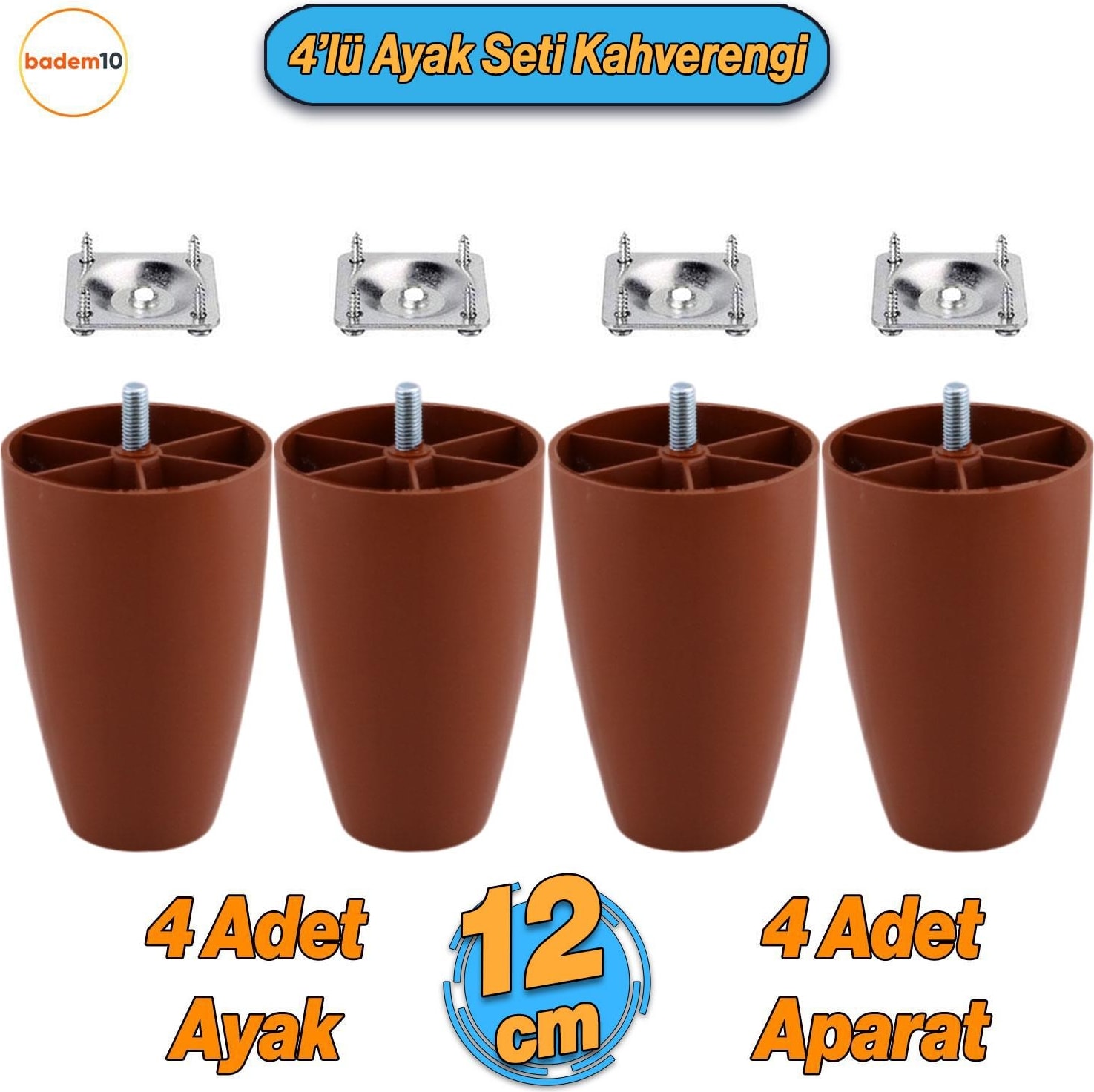 4 Adet Vidalı Oval 12 cm Kahve Plastik Mobilya Koltuk Kanepe Yükseltici Baza Ayağı Aparat Dahil