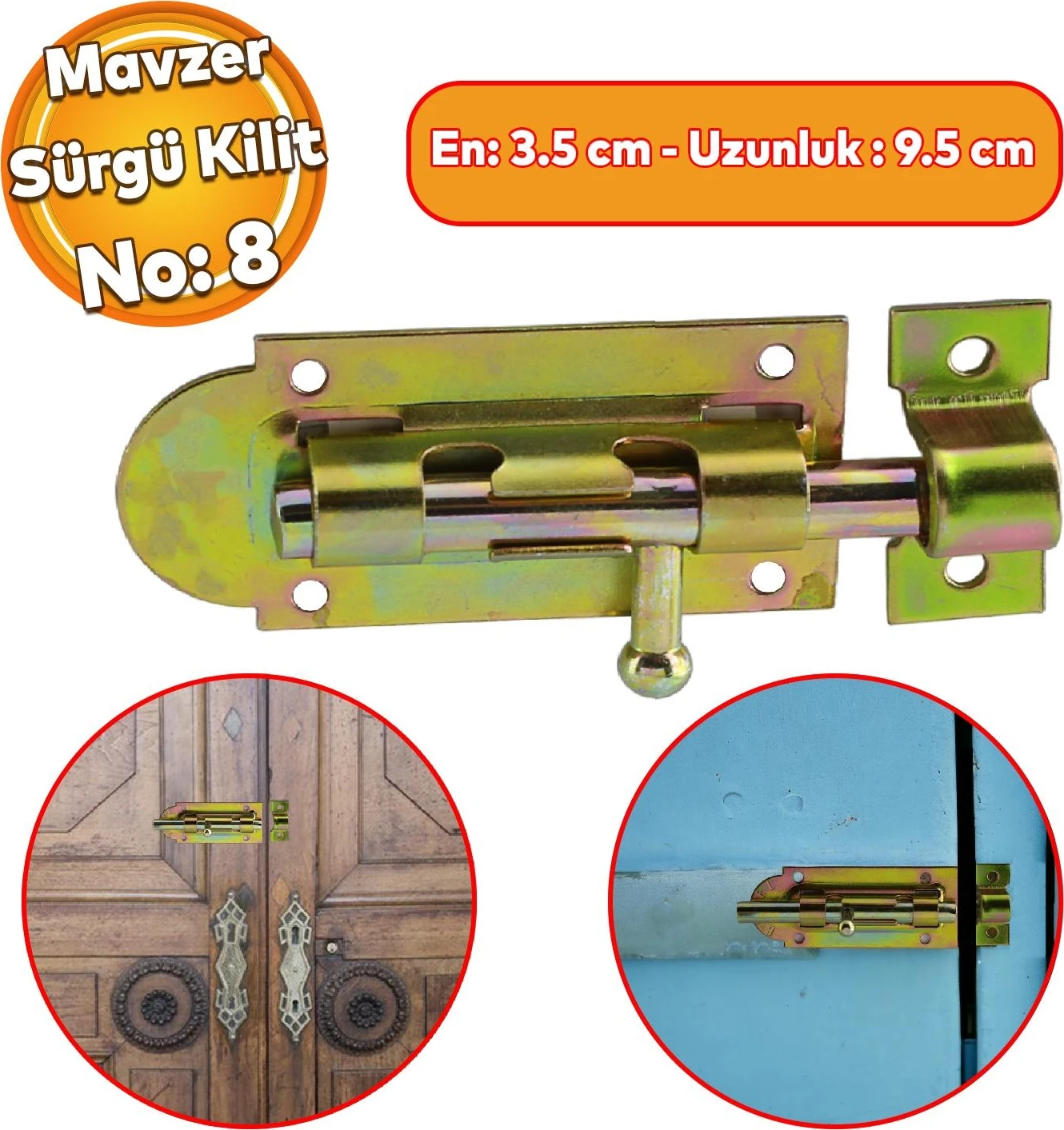 Mavzer Sürgü No:8 Kilit Kadmiyum 35X95 mm Kapı Pencere Emniyet Mandalı Kilidi