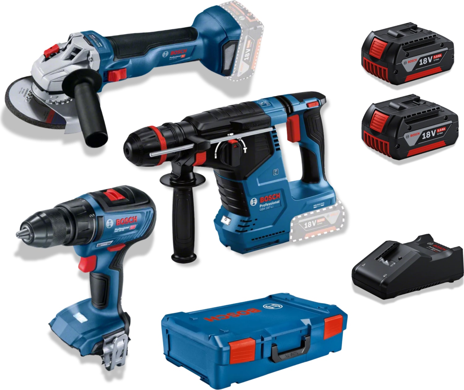 BOSCH Akülü El Aletleri Seti Kırıcı Delici Gbh 187LI + Avuç Taşlama Gws 18V-10 + Darbeli Vidalama Gsr 18V-50 – 2 x 5.0 Amper – Lbox Kutu