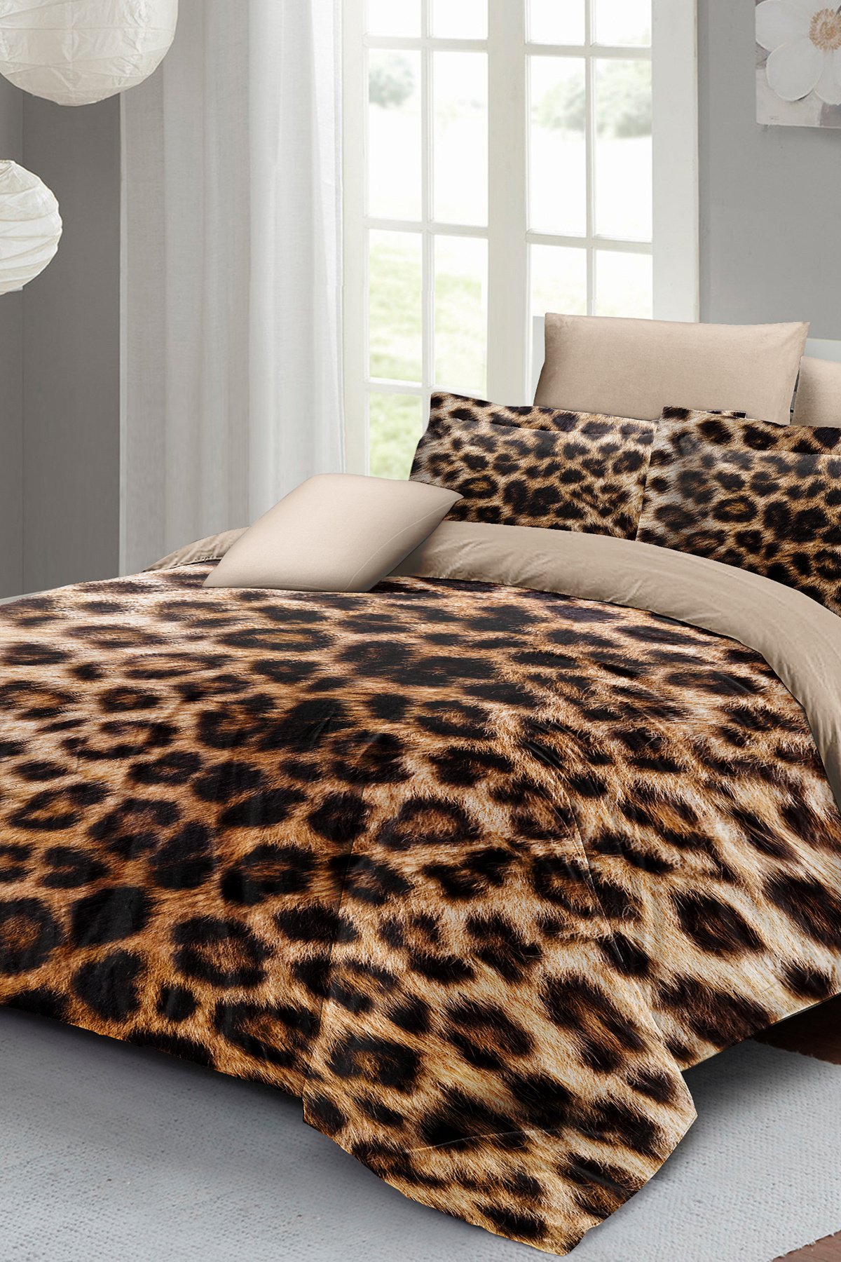 Kıng Sıze %100 Pamuk Saten Çift Kişilik Nevresim Takımı Leopard Feather 220x240cm